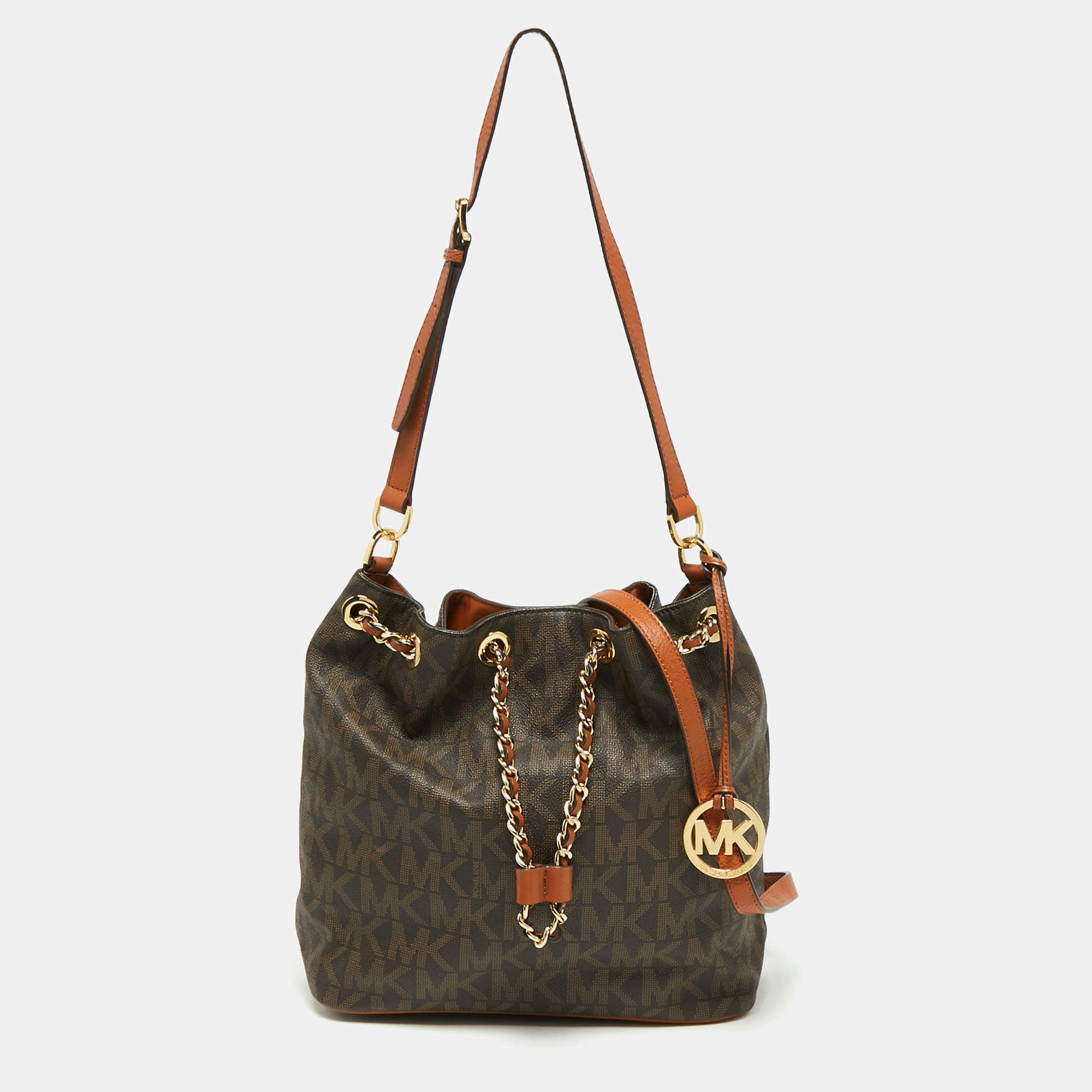 Pre Owned MICHAEL Michael Kors Dark Brown Signature Coated Canvas and Leather Frankie Drawstring Bucket Bag