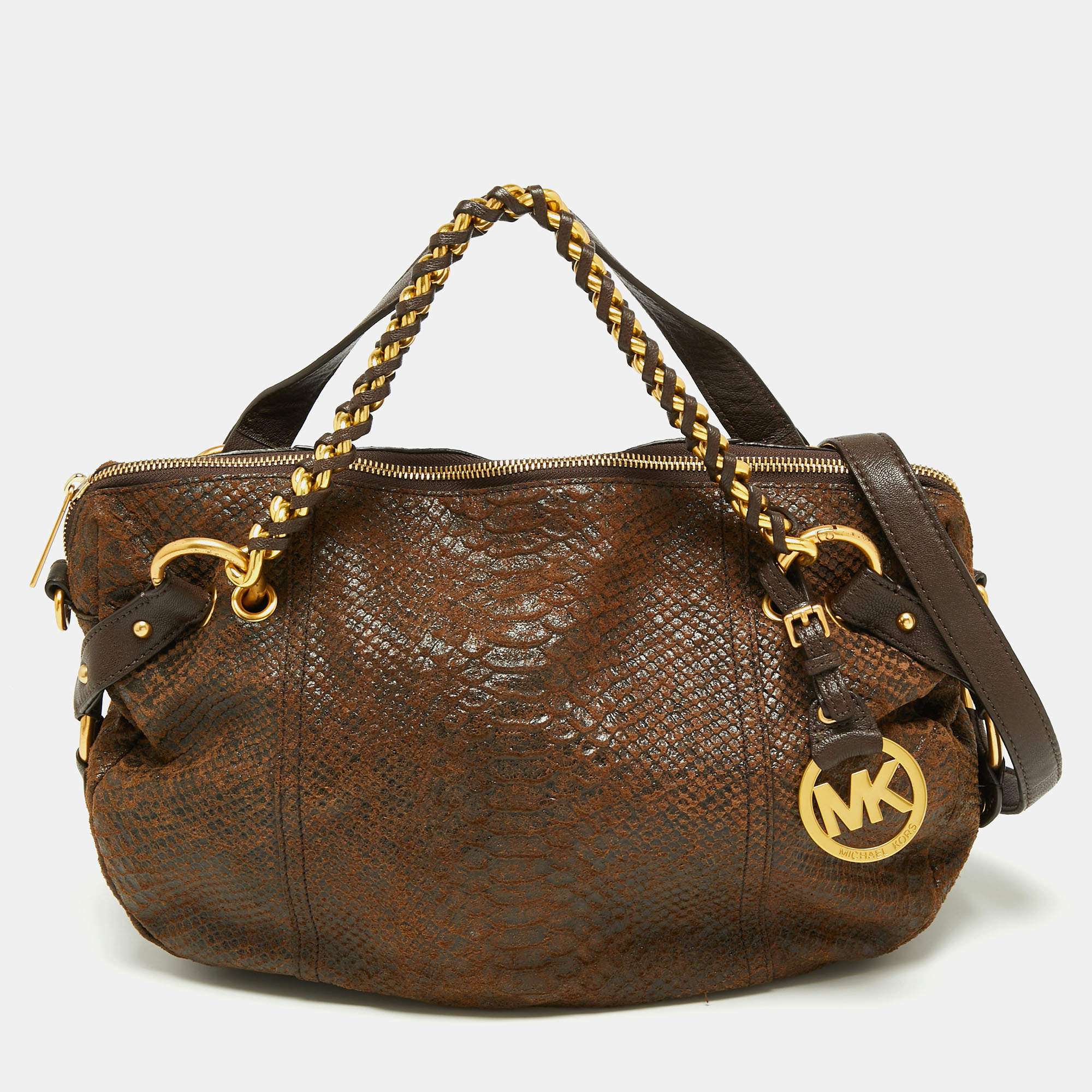 Pre Owned MICHAEL Michael Kors Brown Python Embossed Leather Satchel