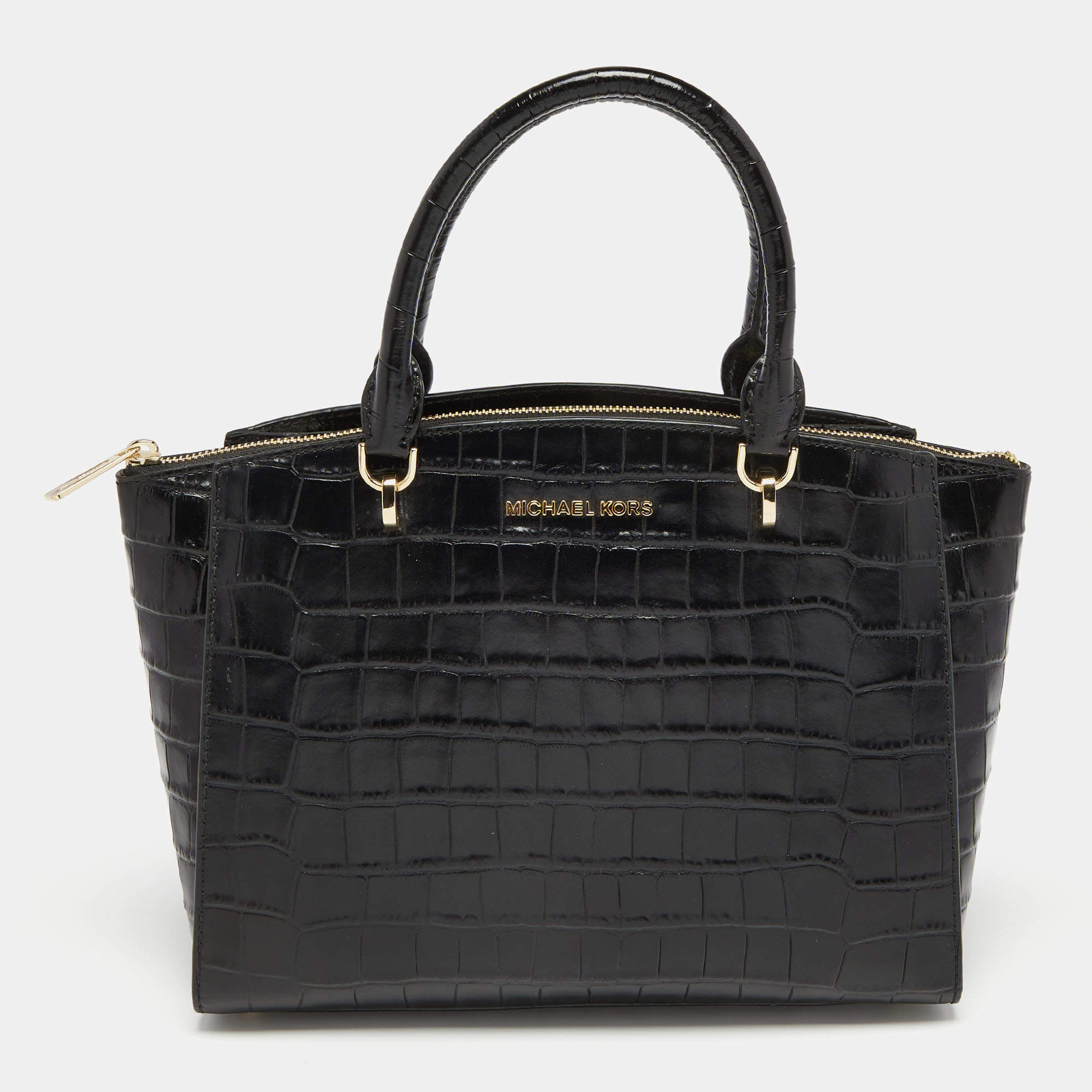Pre Owned MICHAEL Michael Kors Black Croc Embossed Leather Ellis Satchel