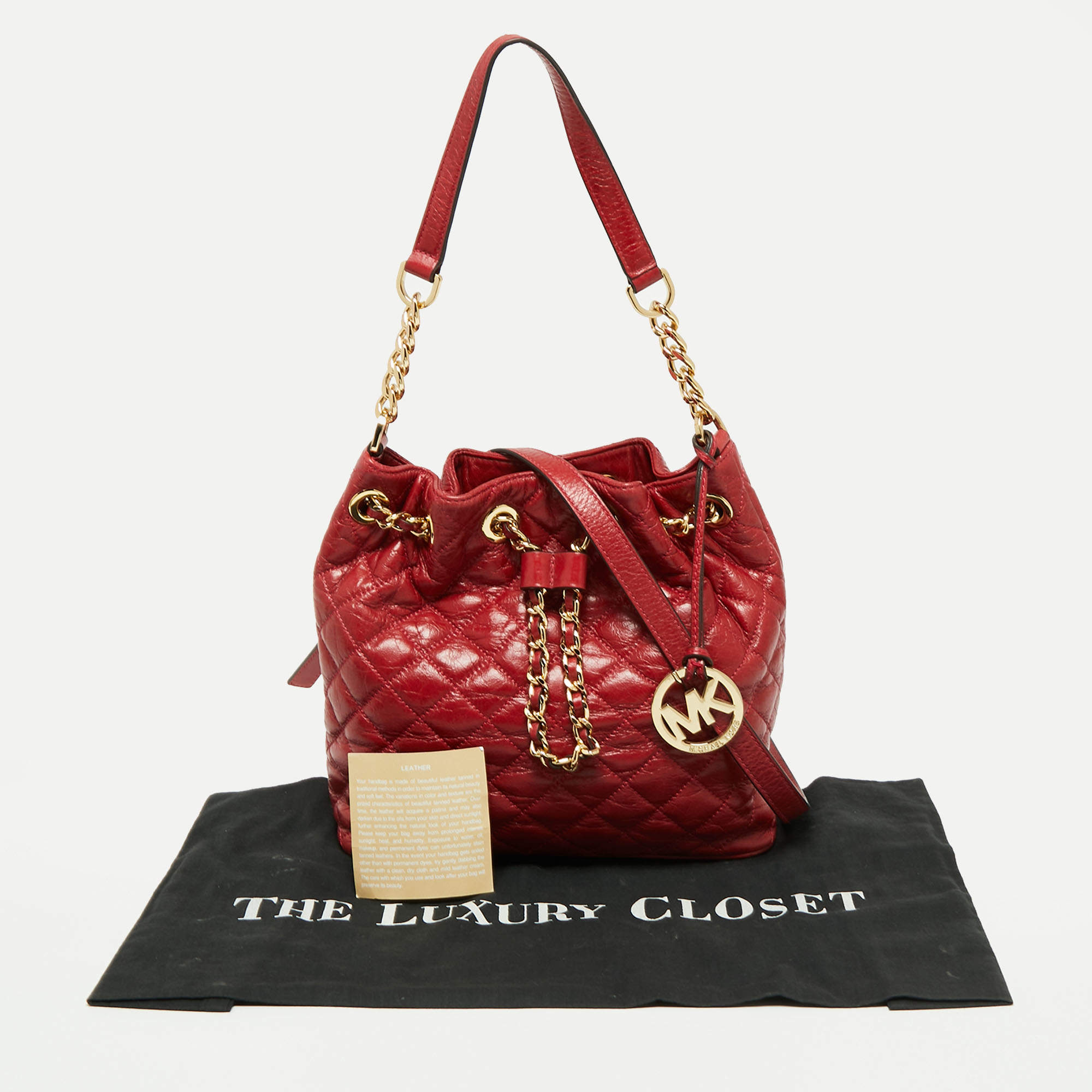 Michael Kors Red Leather Frankie Quilted Convertible Bucket Bag