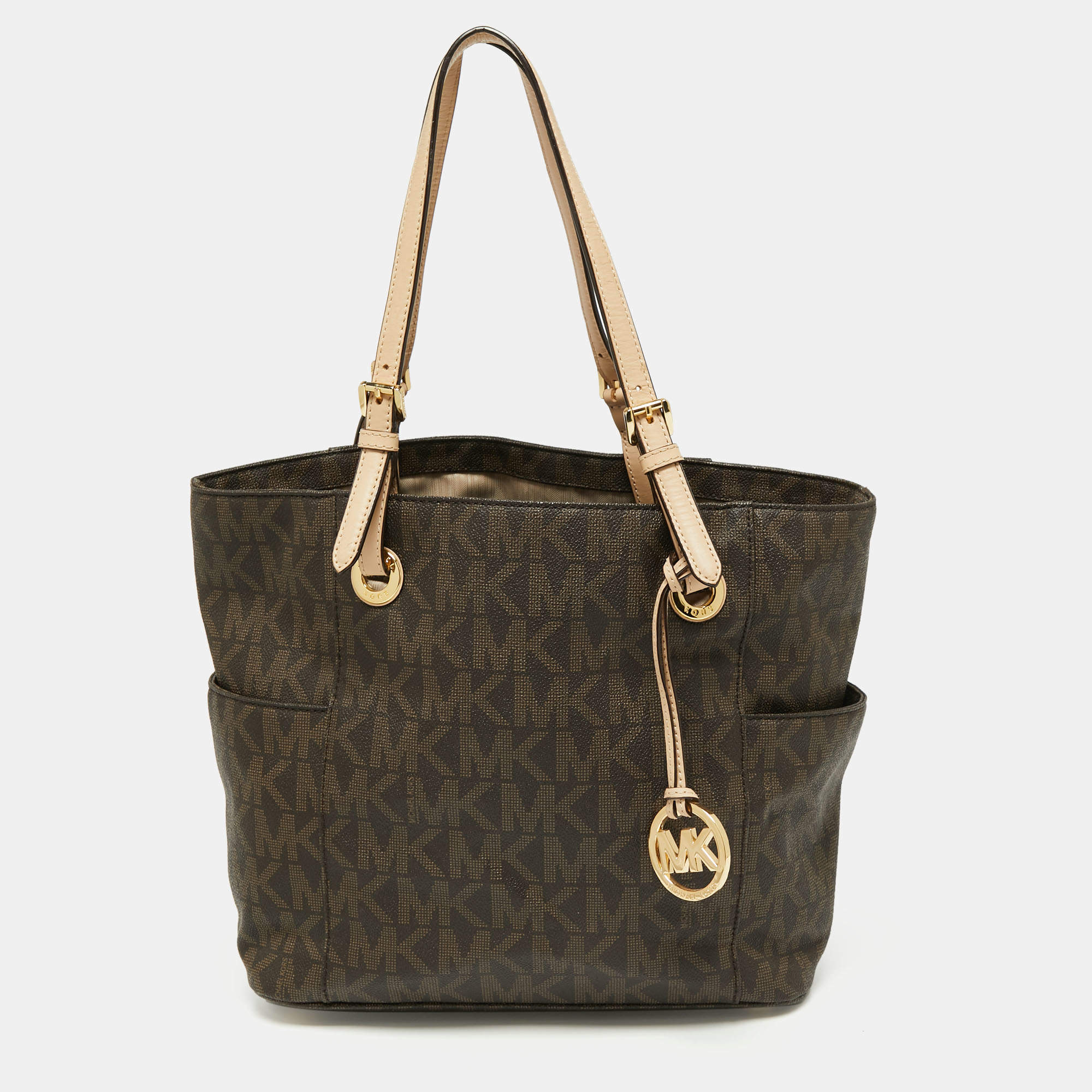 Pre Owned MICHAEL Michael Kors Brown/Beige Signature Coated Canvas and Leather Jet Set Tote