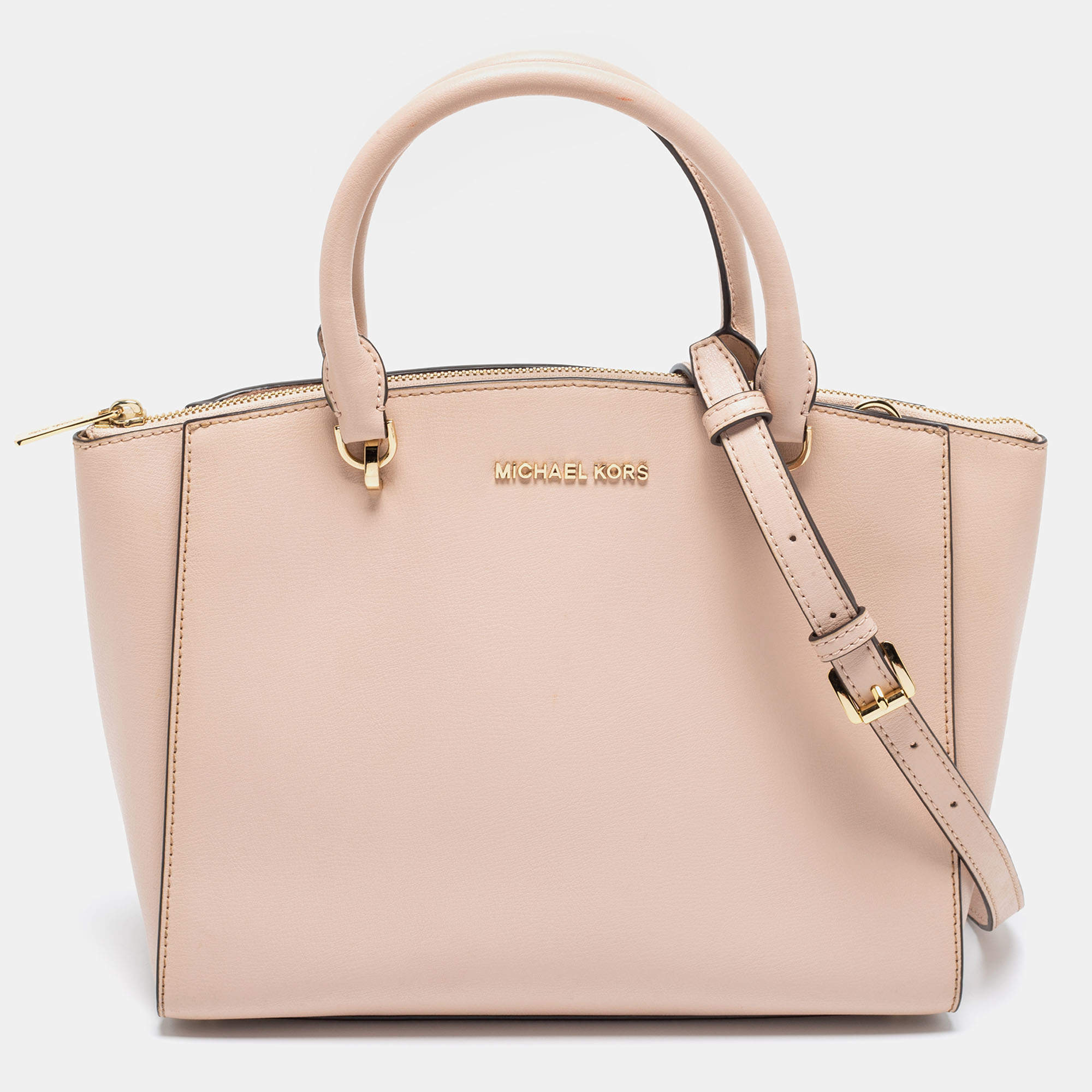 Pre Owned MICHAEL Michael Kors Light Beige Saffiano Leather Large Ellis Satchel