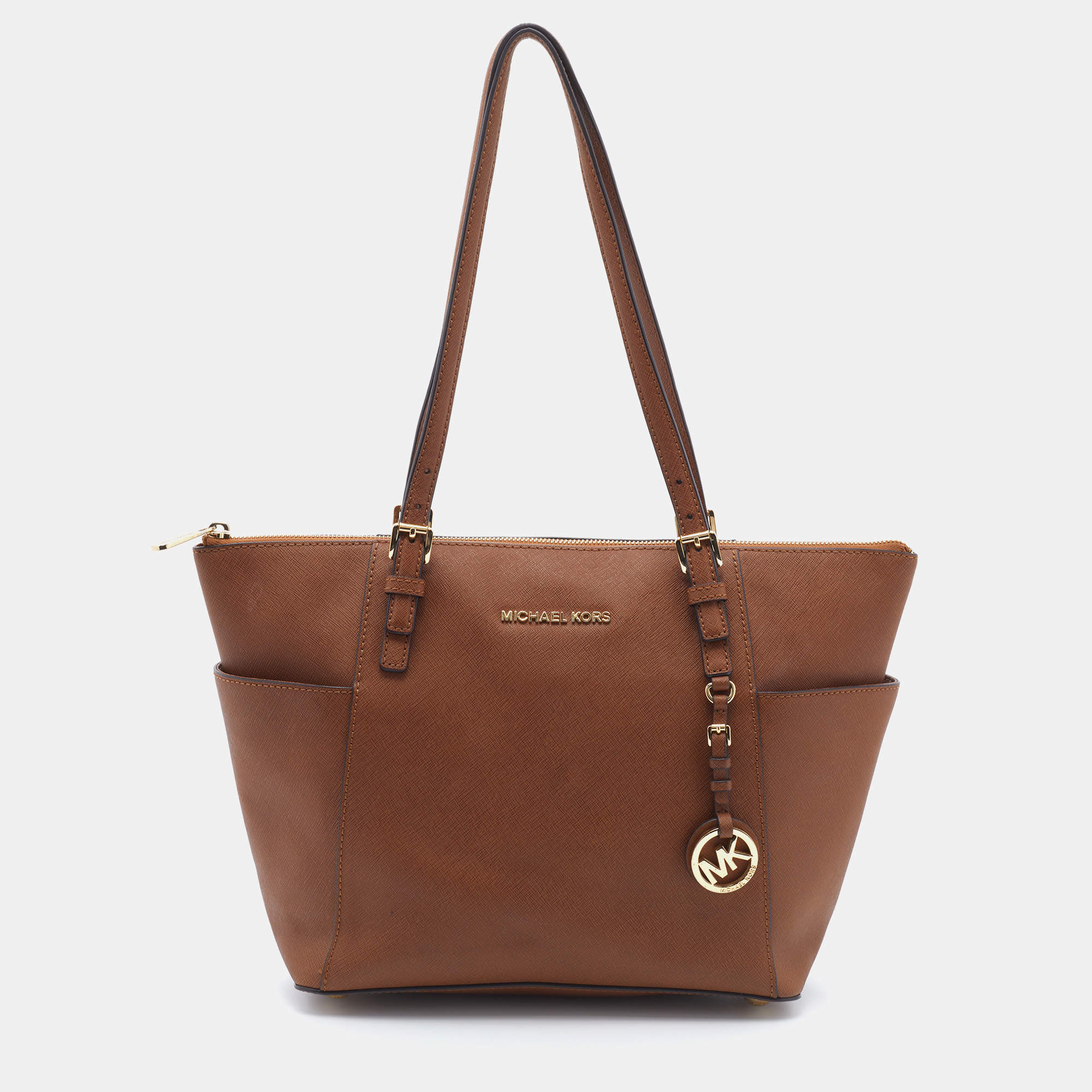 Pre Owned MICHAEL Michael Kors Caramel Leather Top-zip Jet Set Tote