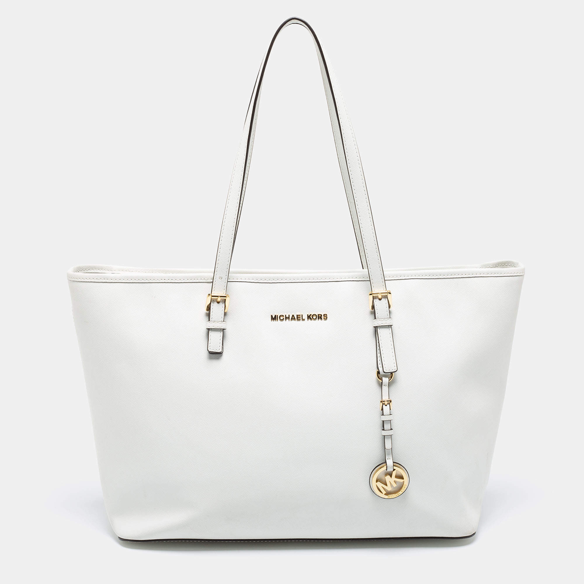 Pre Owned MICHAEL Michael Kors White Saffiano Leather Travel Jet Set Tote