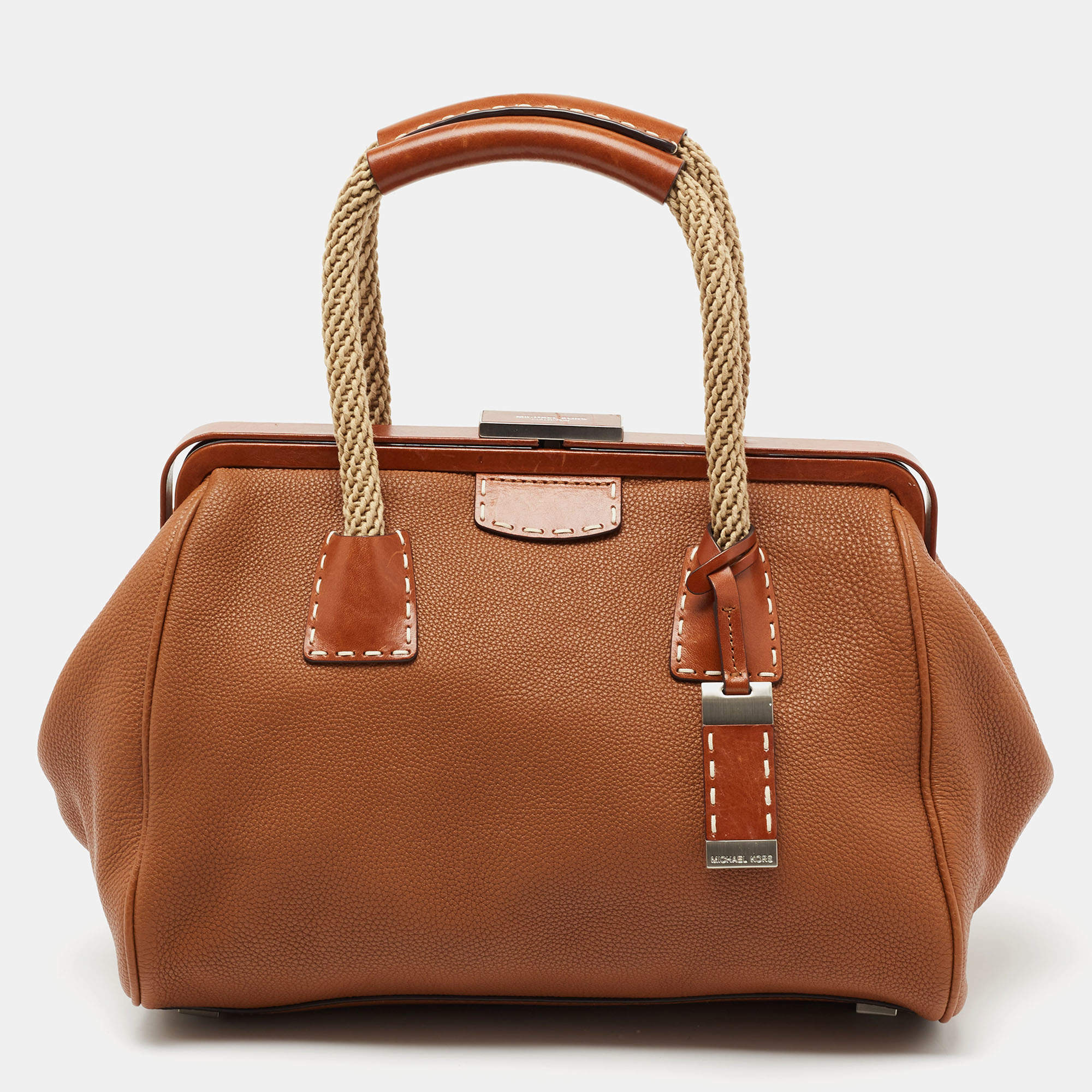 Pre Owned MICHAEL Michael Kors Brown Grained Leather Frame Satchel