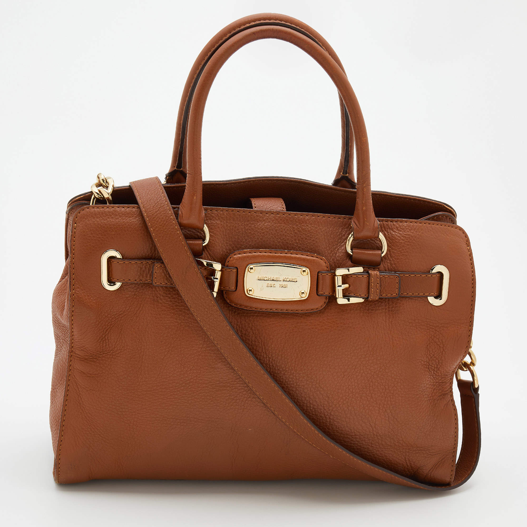 Pre Owned حقيبة يد مايكل مايكل كورس هاميلتون جلد بني مزينة بلوحة معدنية