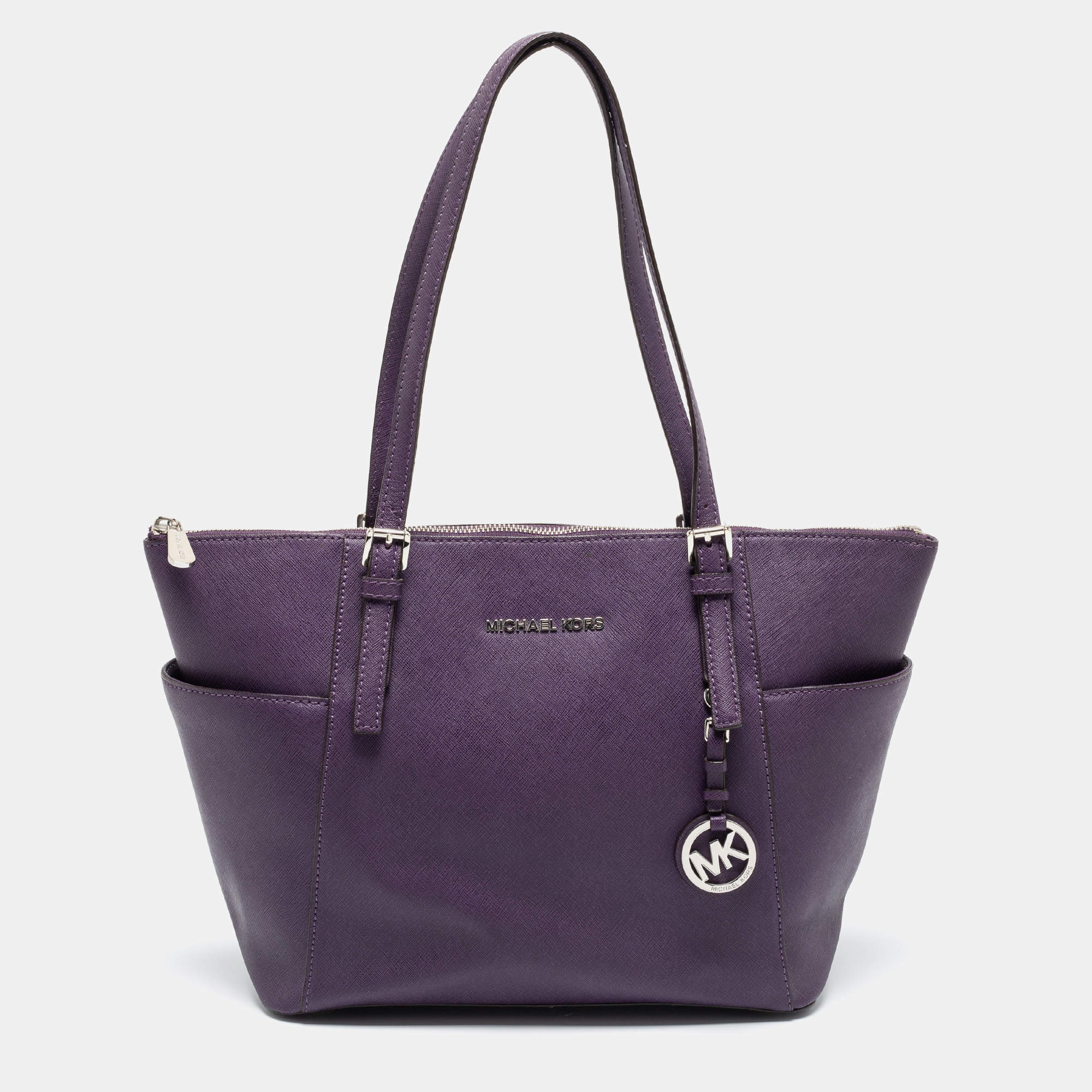 Pre Owned MICHAEL Michael Kors Purple Leather Medium Jet Set Top Zip Tote