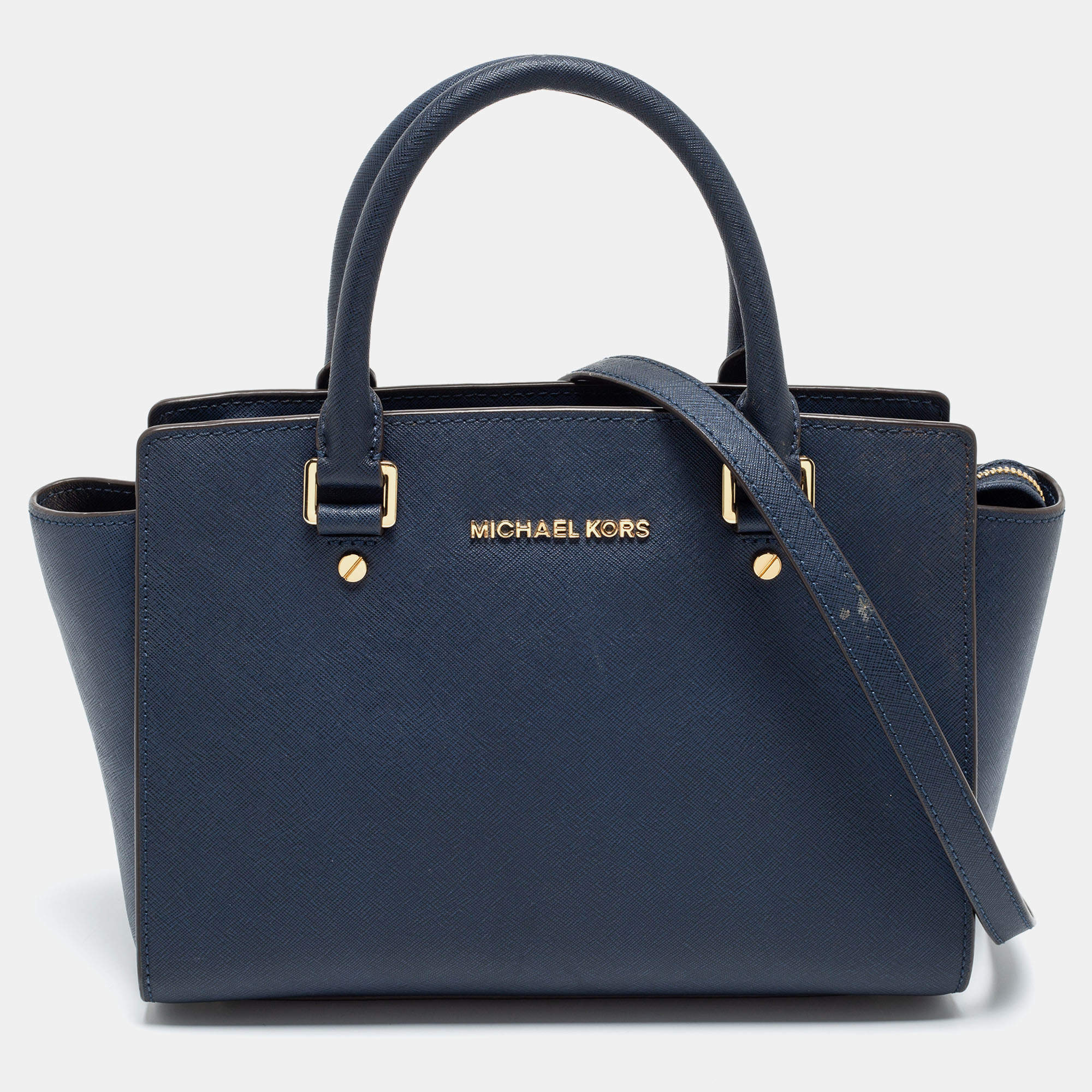 Pre Owned MICHAEL Michael Kors Navy Blue Leather Medium Selma Satchel