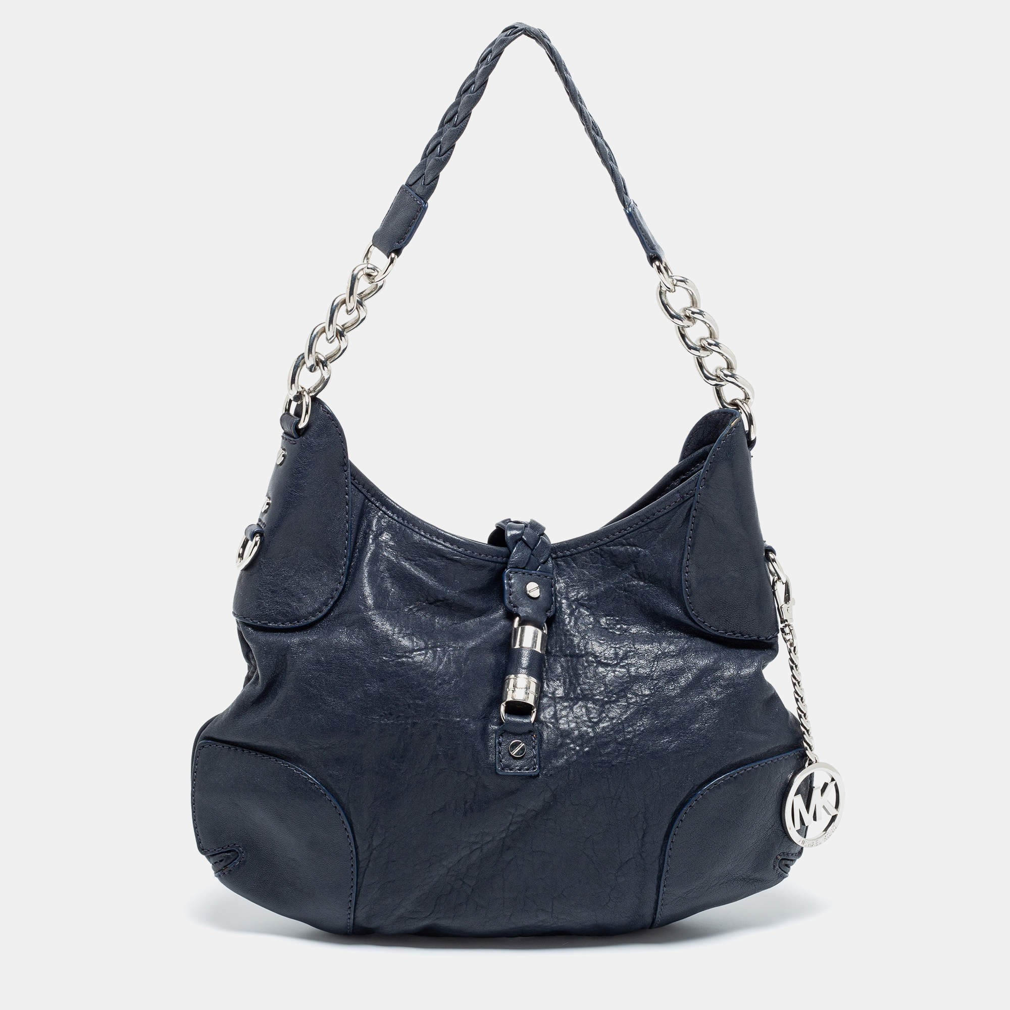 مملوكة مسبقًا MICHAEL Michael Kors Navy Blue Leather Braided Flap Hobo