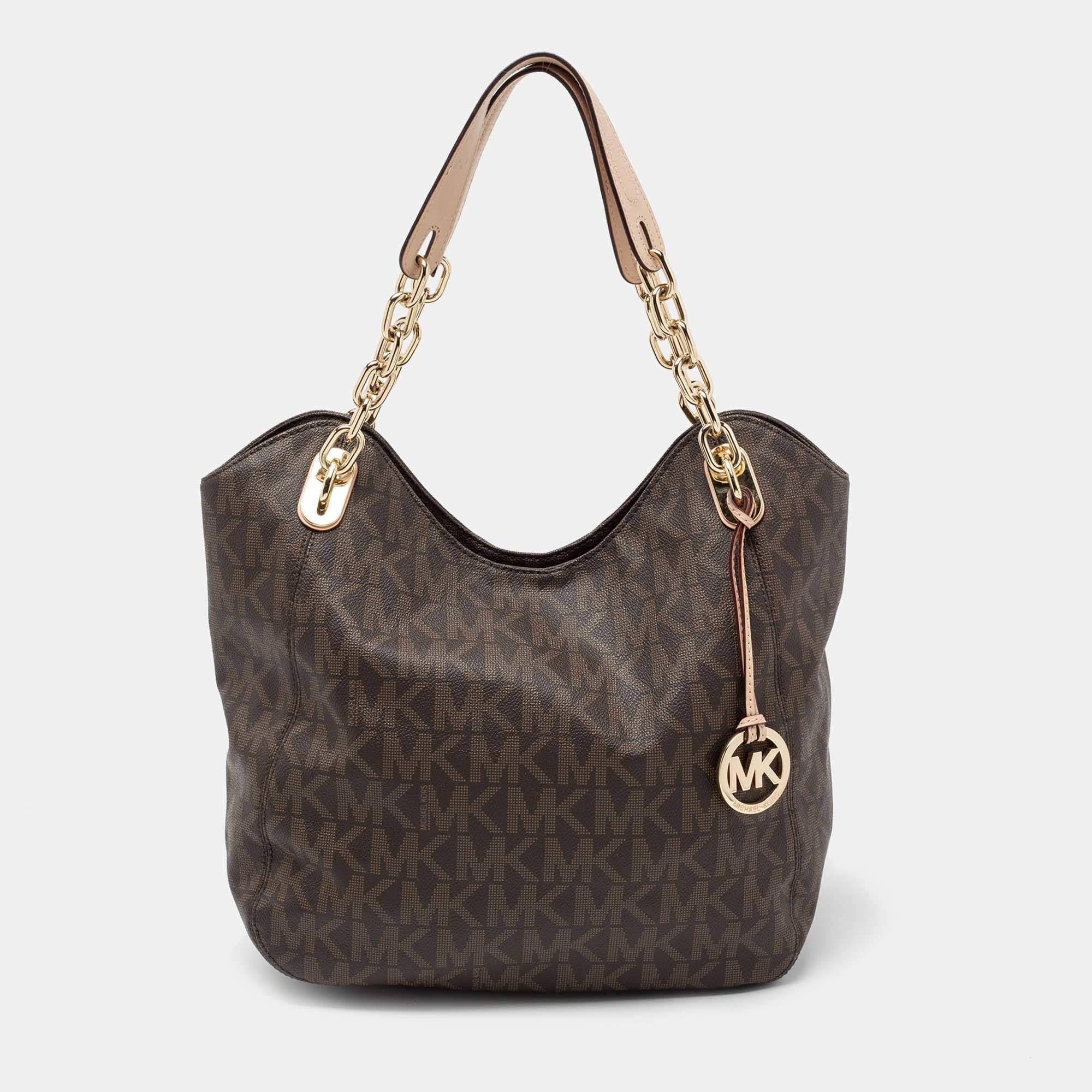 Pre Owned  MICHAEL Michael Kors Brown Signature Coated Canvas and Leather Lilly Chain Hobo