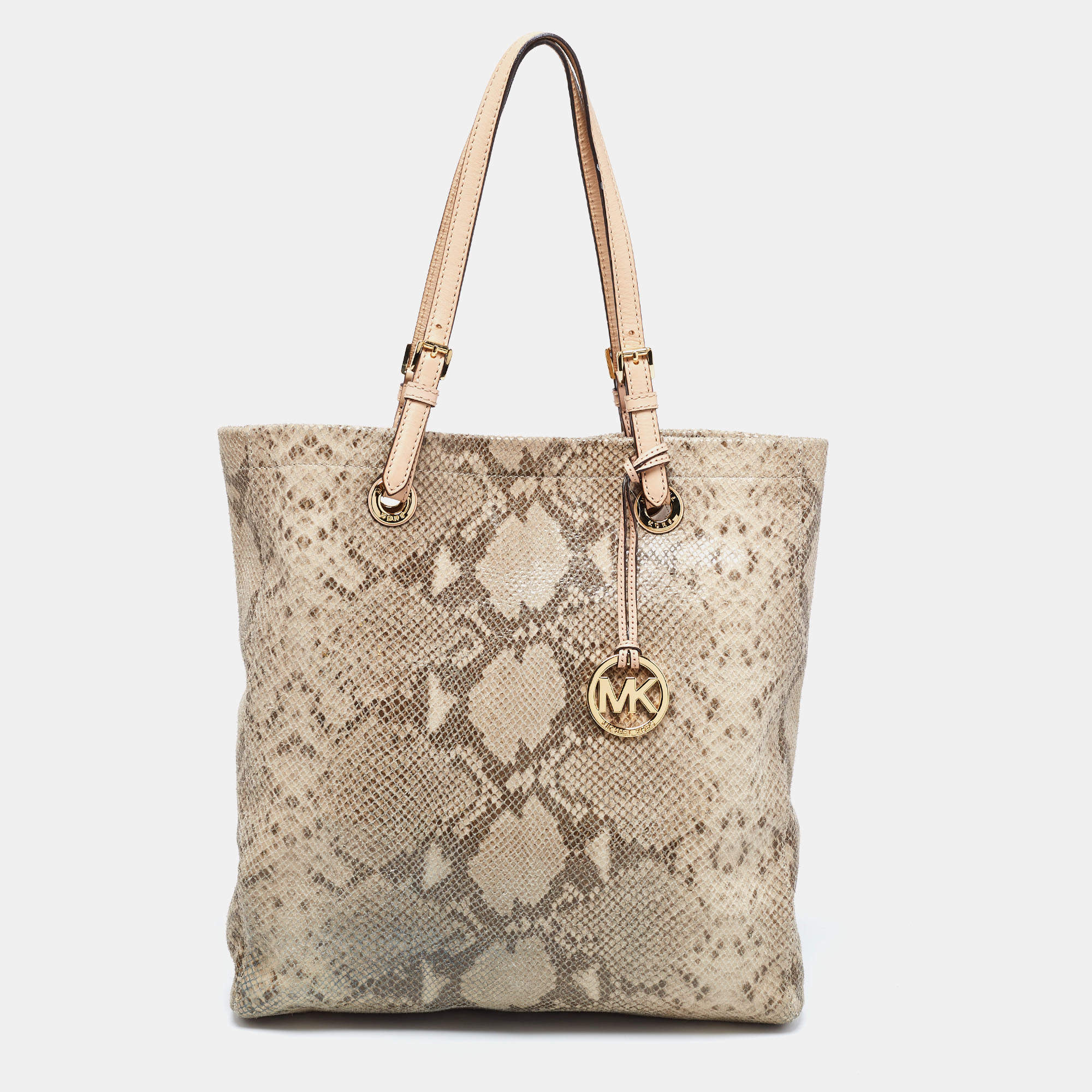 مملوكة مسبقًا MICHAEL Michael Kors Beige Python Embossed Leather Shopper Tote
