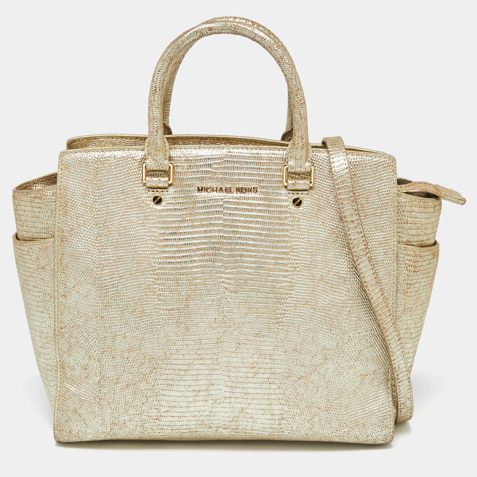 Pre Owned MICHAEL Michael Kors Metallic Gold Lizard Embossed Leather Large Selma Tote