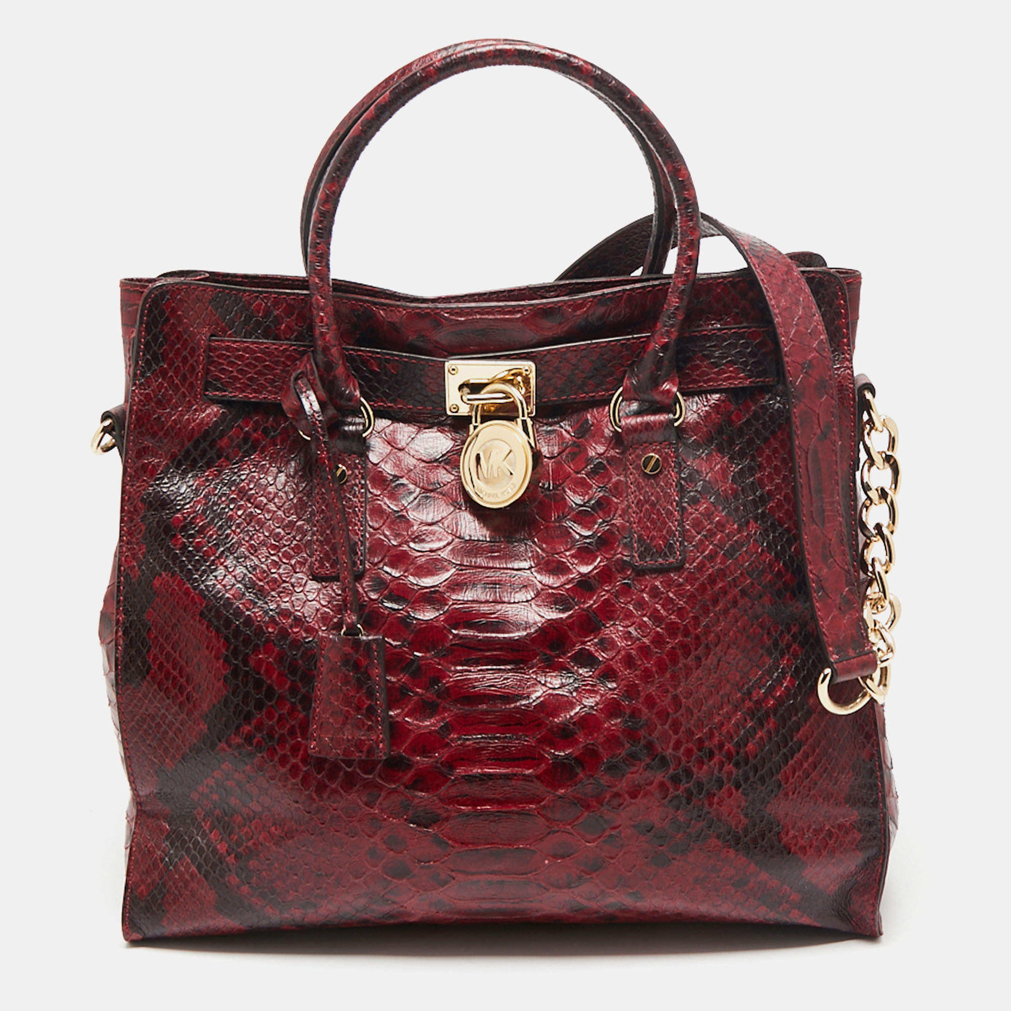 Pre Owned حقيبة يد توتس مايكل مايكل كورس هاميلتون جلد نقشة ثعبان عنابي/أسود كبيرة