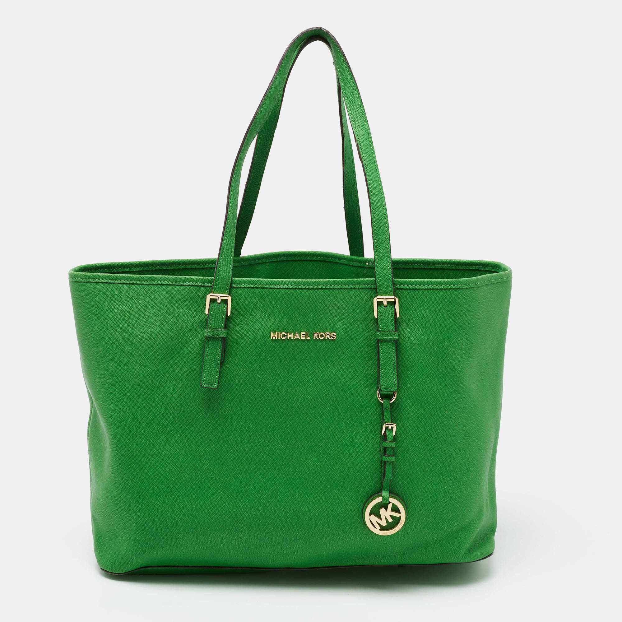 Pre Owned Michael Kors Green Saffiano Leather Large Jet Set Travel Tote