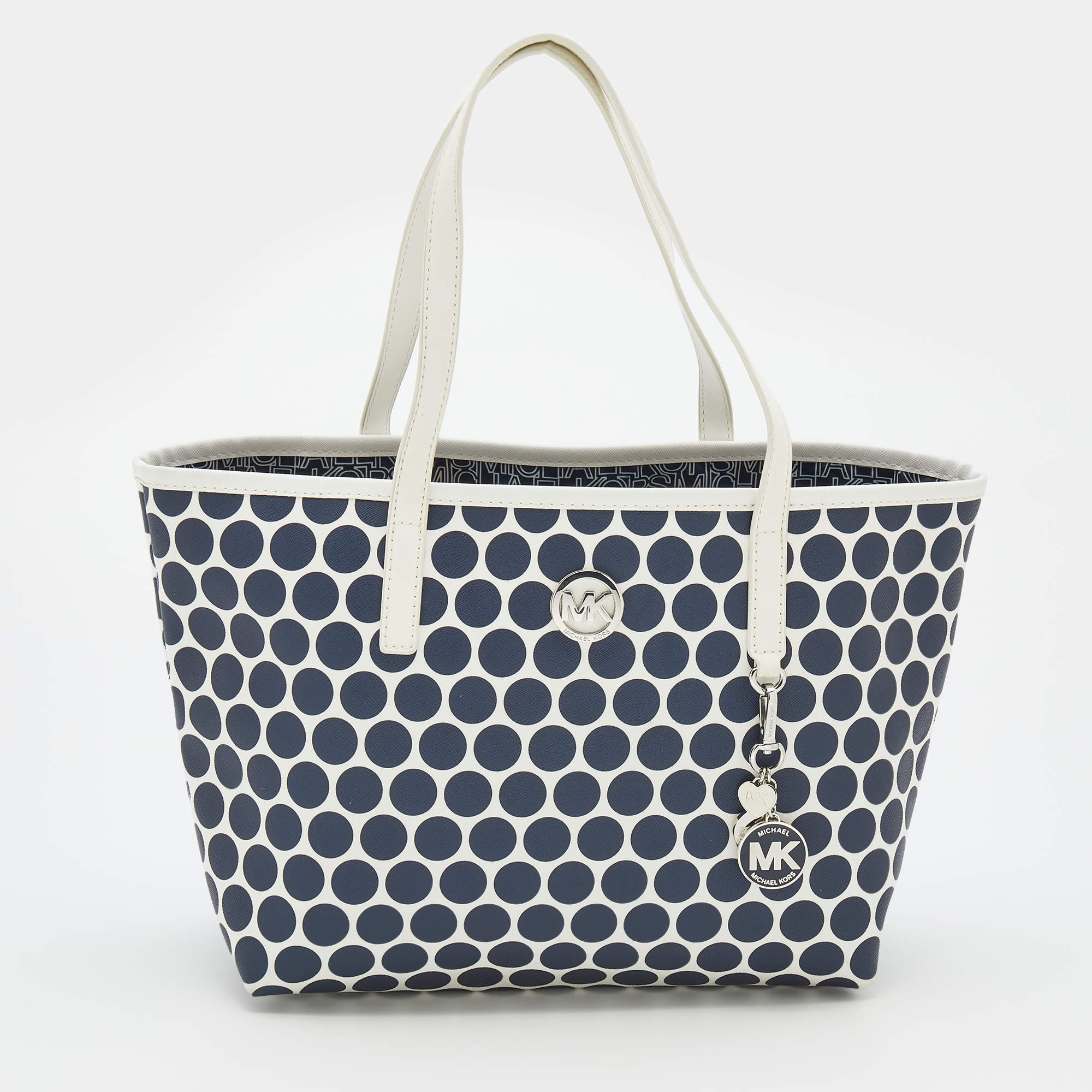 Pre Owned MICHAEL Michael Kors Blue/White Polka Dot Coated Canvas Small Travel Tote