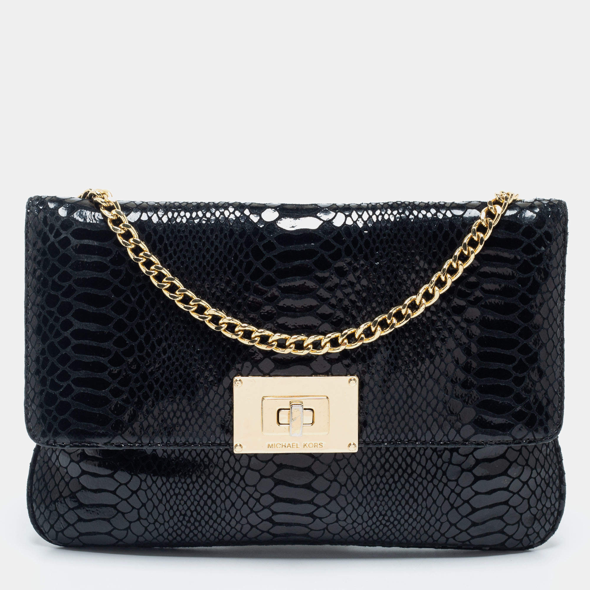 MICHAEL Michael Kors Black Python Embossed Leather Turnlock