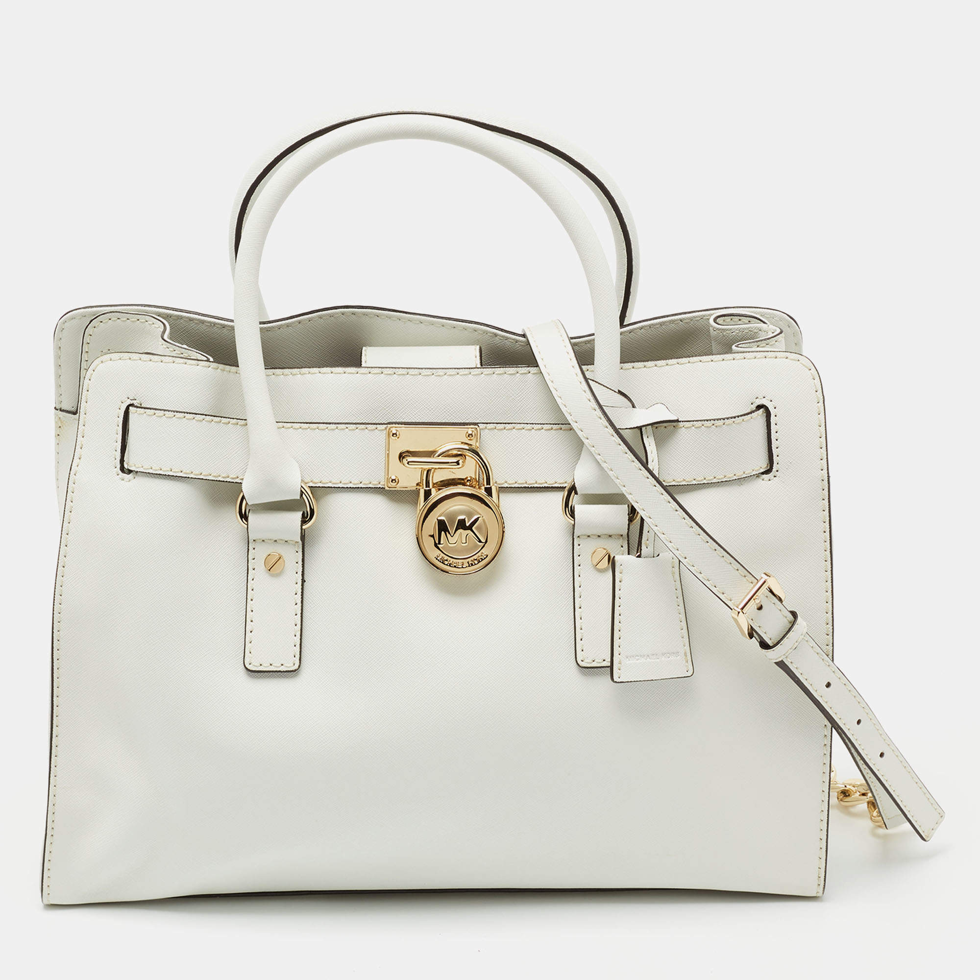 Pre Owned MICHAEL Michael Kors White Saffiano Leather Large Hamilton North South Tote