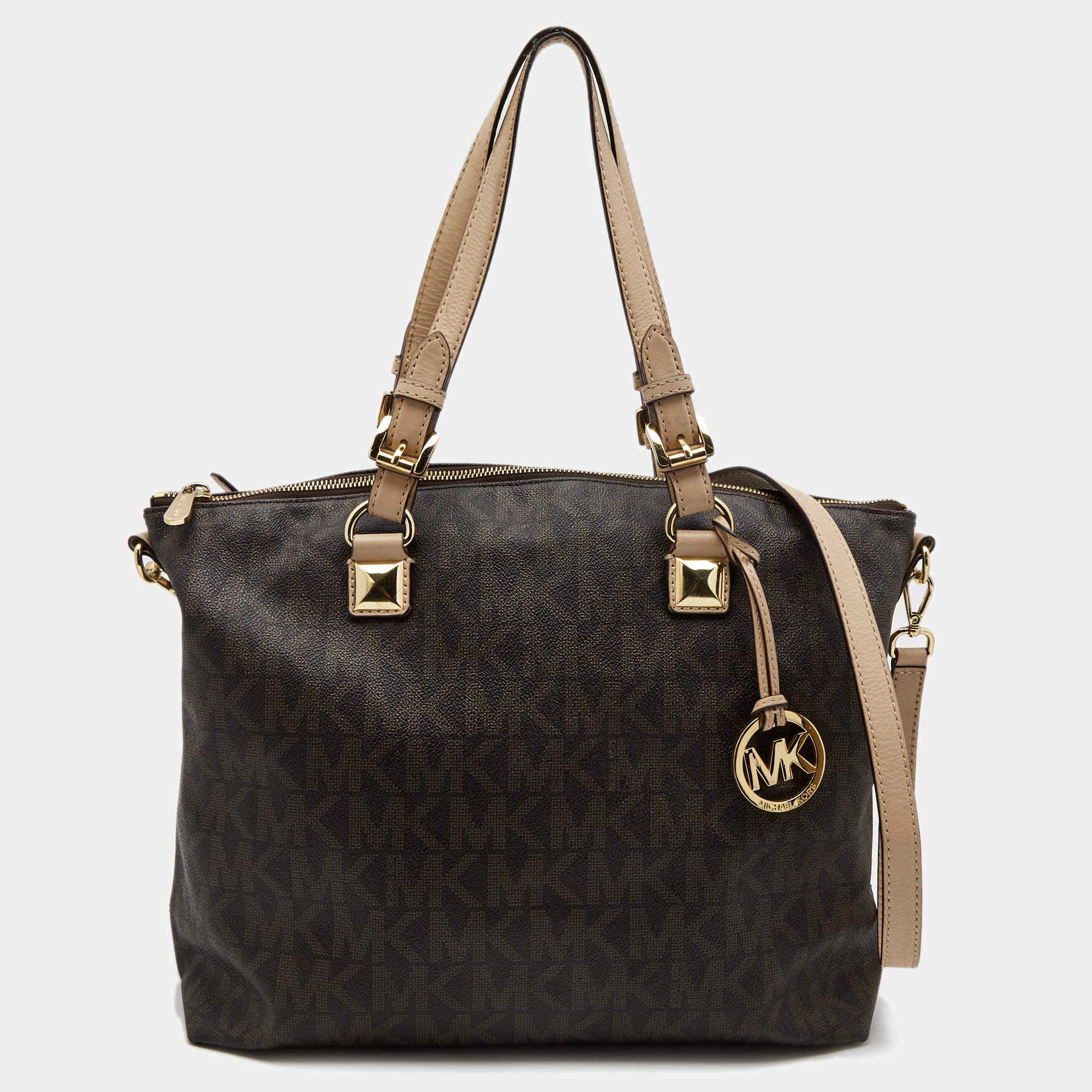 Pre Owned MICHAEL Michael Kors Brown/Beige Signature Coated Canvas Multifunction Tote