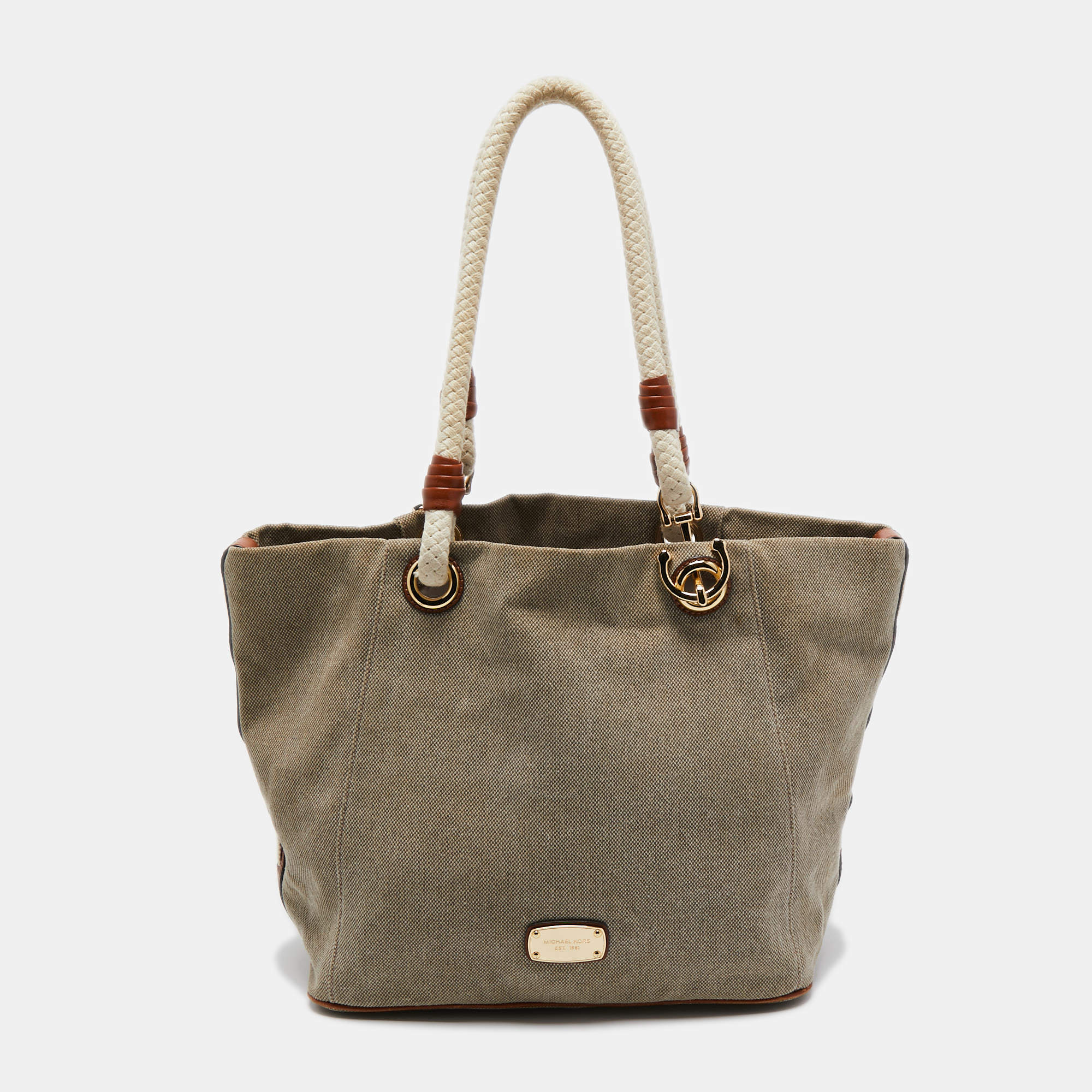 Pre Owned MICHAEL Michael Kors Beige/Brown Canvas and Leather Tote