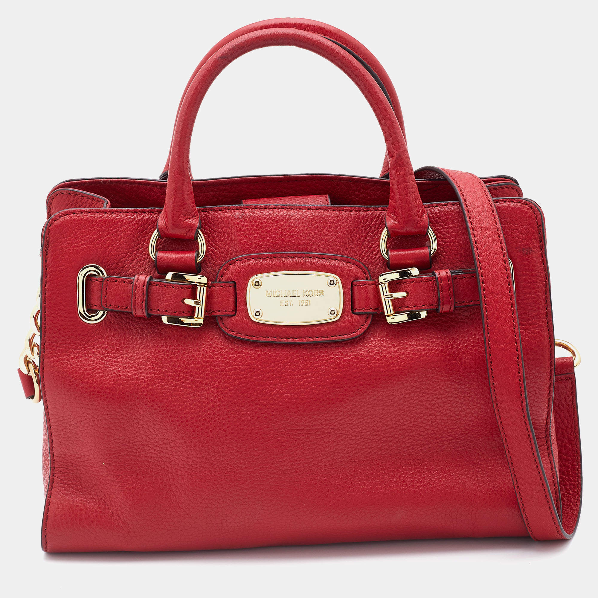 Pre Owned MICHAEL Michael Kors Red Leather Hamilton Plaque Tote