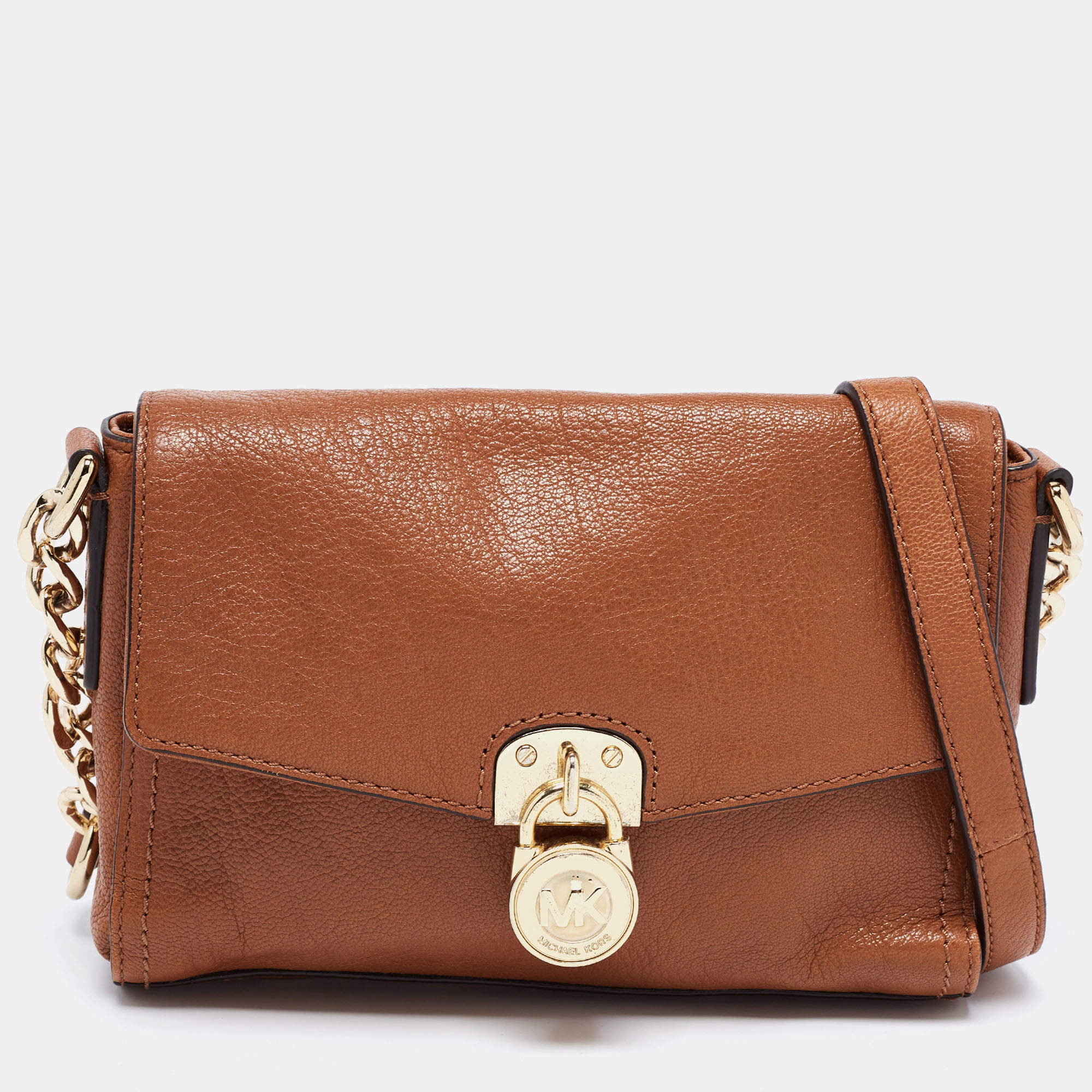 Pre Owned MICHAEL Michael Kors Brown Leather East West Hamilton Flap Crossbody Bag