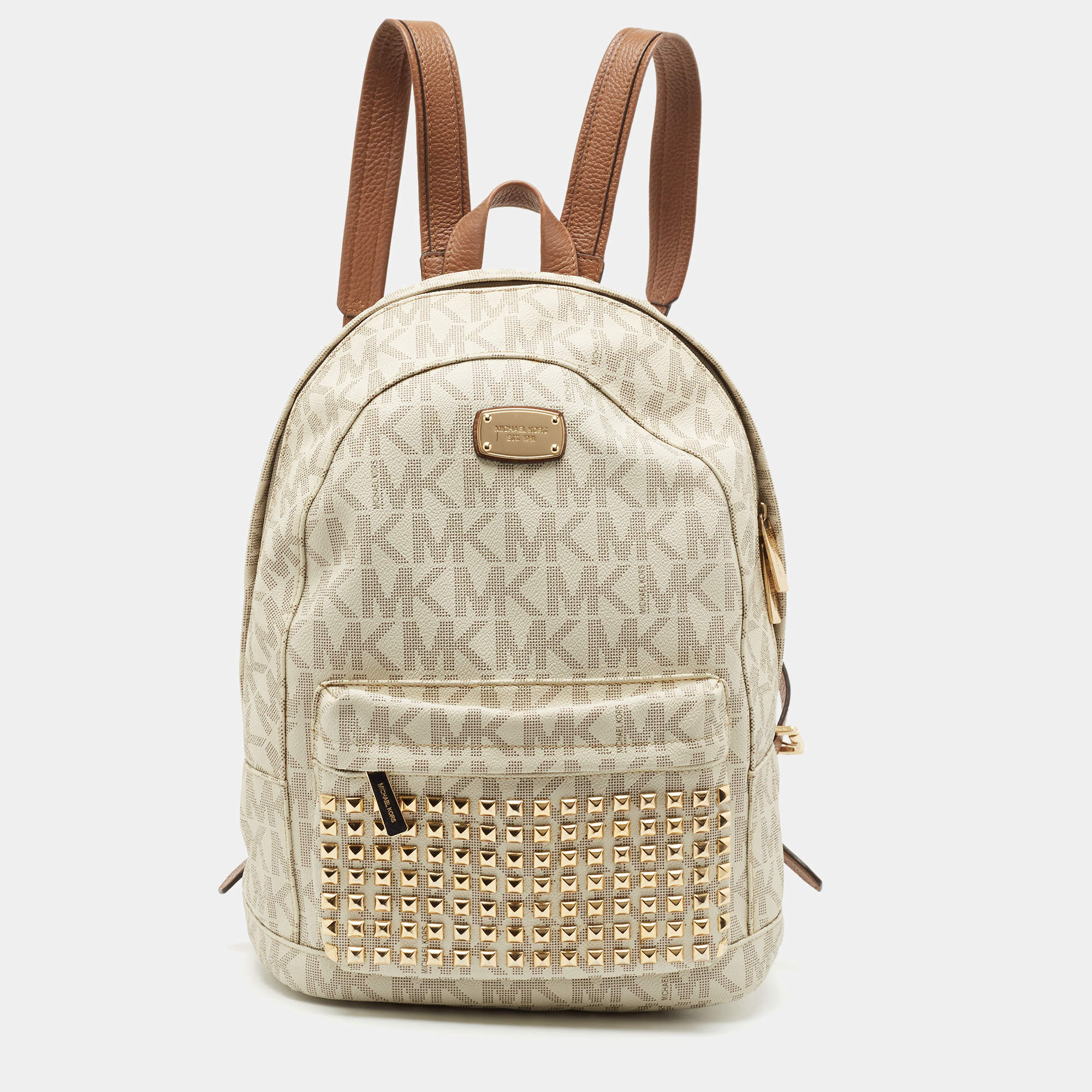 MICHAEL Michael Kors Brown/Cream Signature Coated Canvas and Leather Studded Backpack