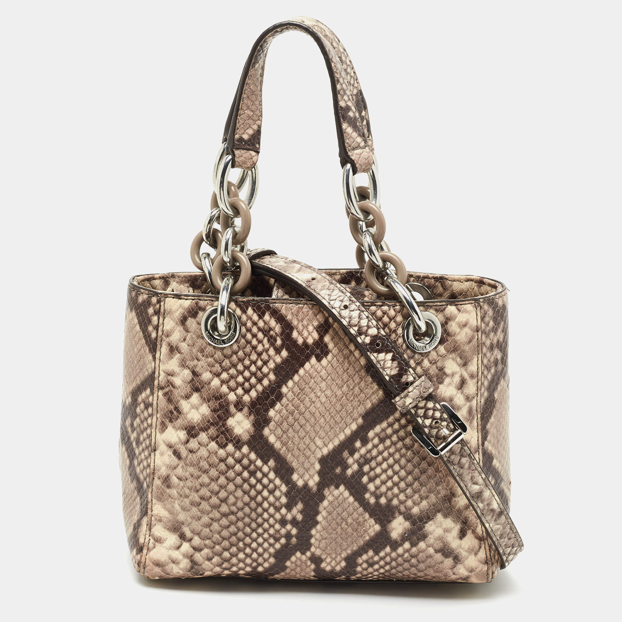 Pre Owned MICHAEL Michael Kors Beige/Brown Python Embossed Leather Mini Cynthia Tote