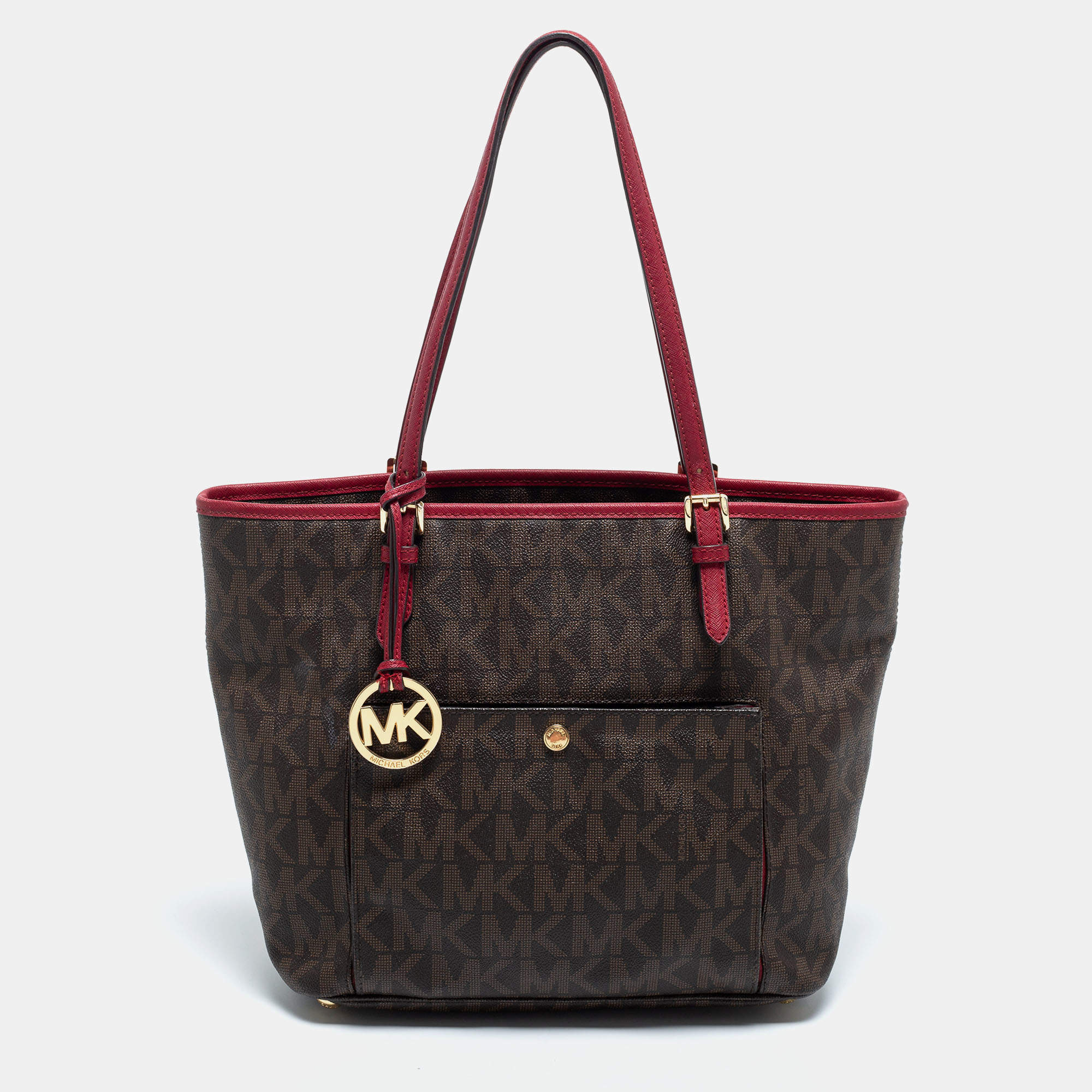 مملوكة مسبقًا MICHAEL Michael Kors Brown/Burgundy Coated Canvas Jet Set Tote