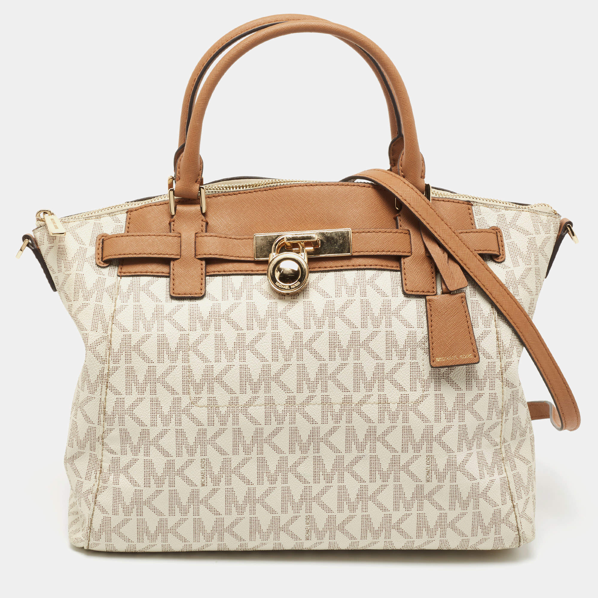 مملوكة مسبقًا MICHAEL Michael Kors White Coated Canvas and Leather Hamilton Satchel