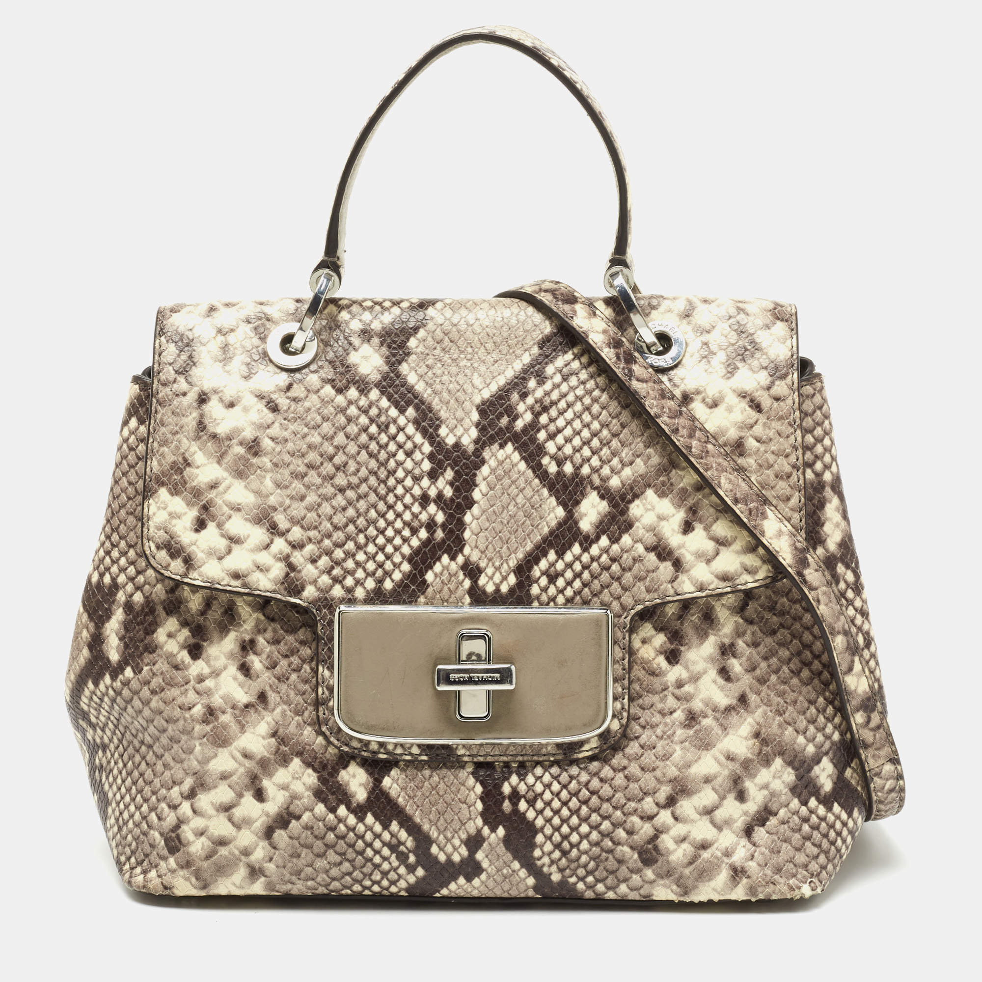 Pre Owned MICHAEL Michael Kors Beige Python Embossed Leather Emery Satchel