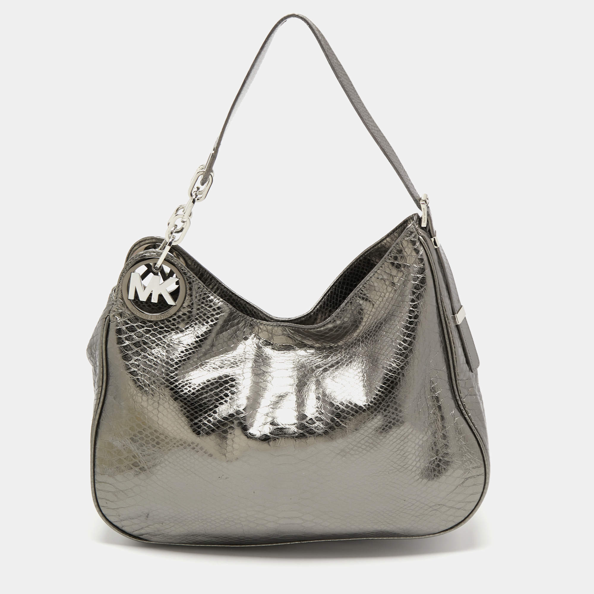 Pre Owned MICHAEL Michael Kors Metallic Grey Python Embossed Leather Hobo