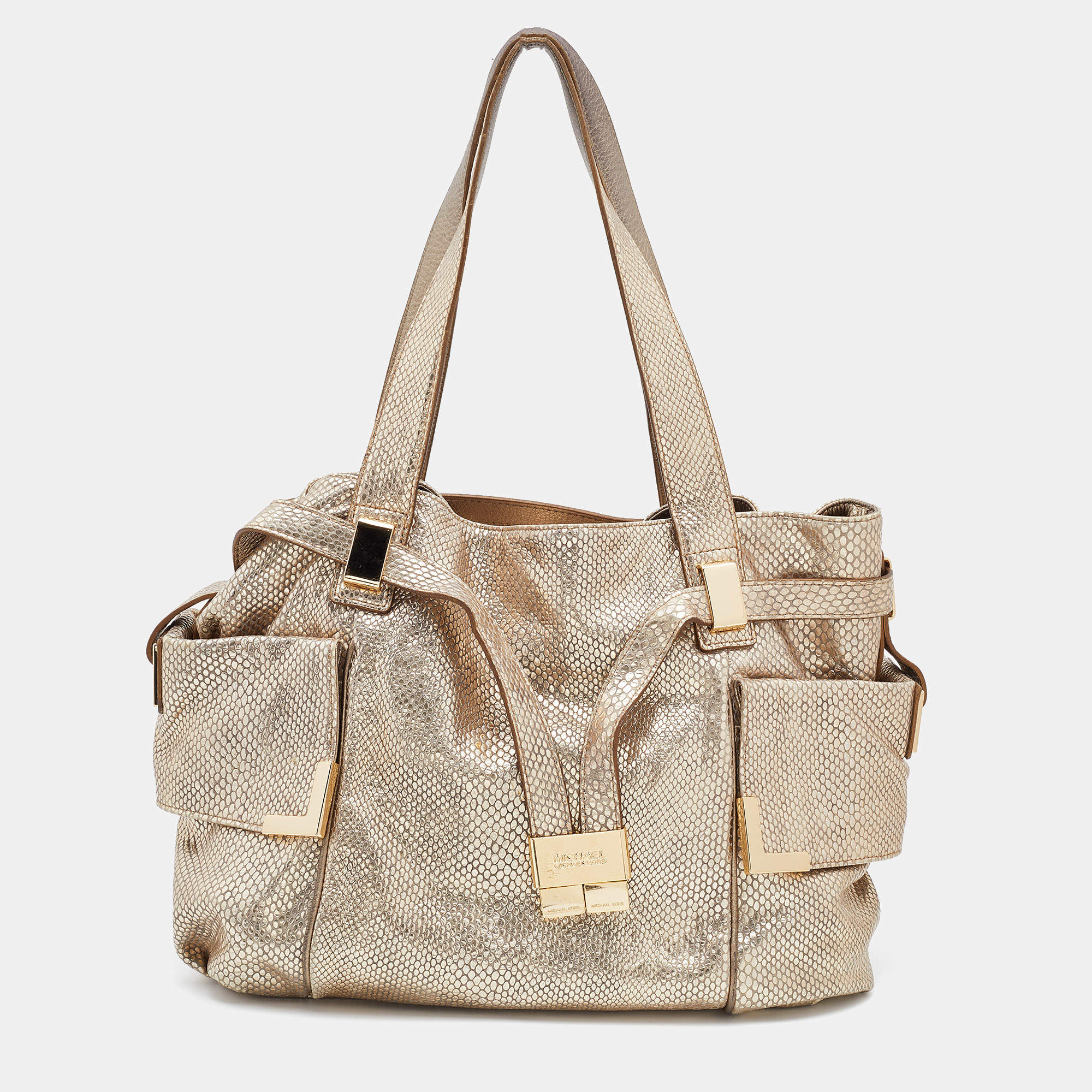 Pre Owned MICHAEL Michael Kors Metallic Gold Python Effect Leather Beverly Satchel