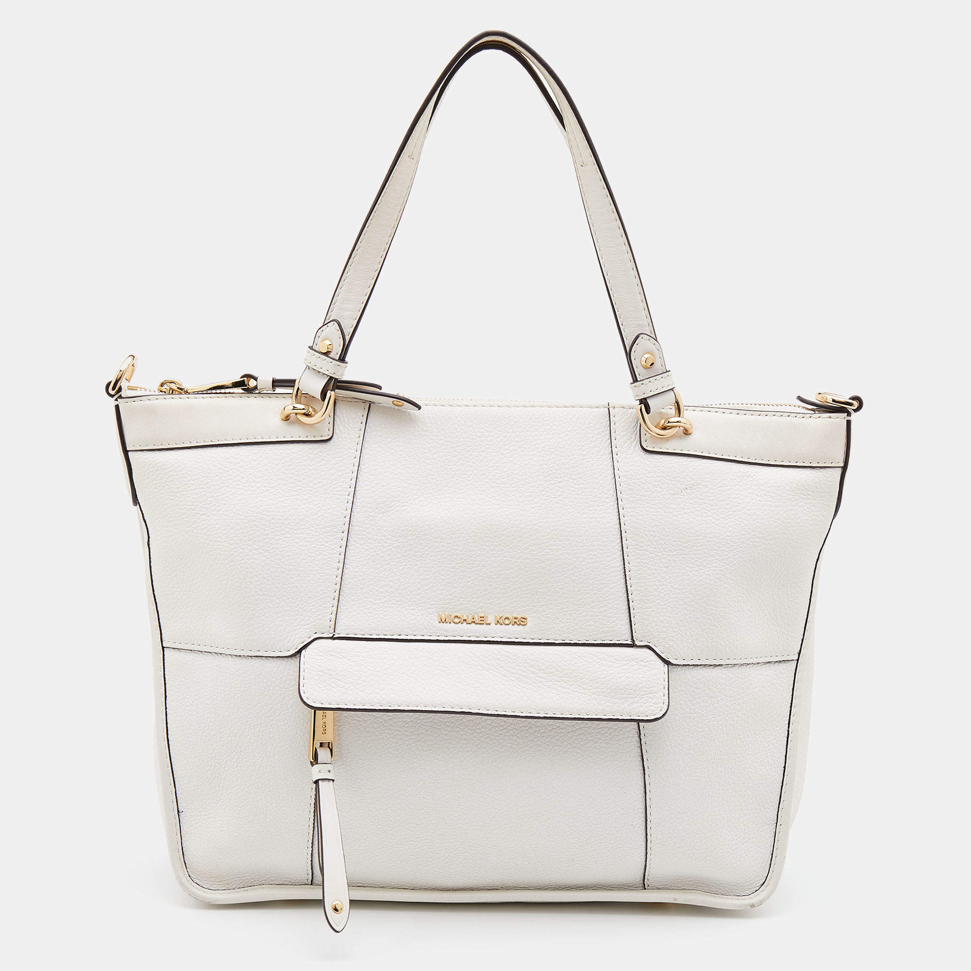 Pre Owned MICHAEL Michael Kors White Leather Jet Set Travel Tote