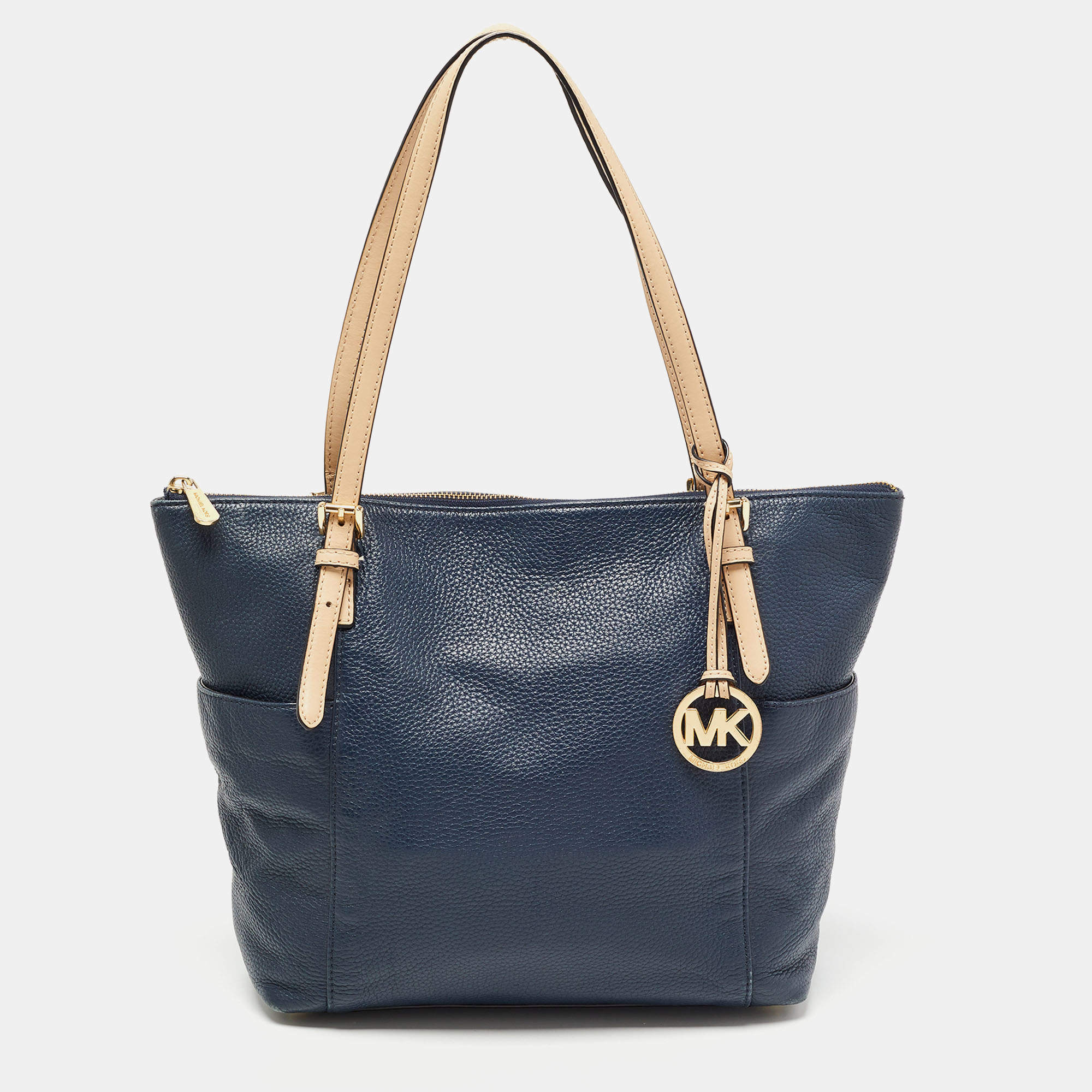 Pre Owned MICHAEL Michael Kors Navy Blue/Beige Leather Medium Jet Set Top Zip Tote