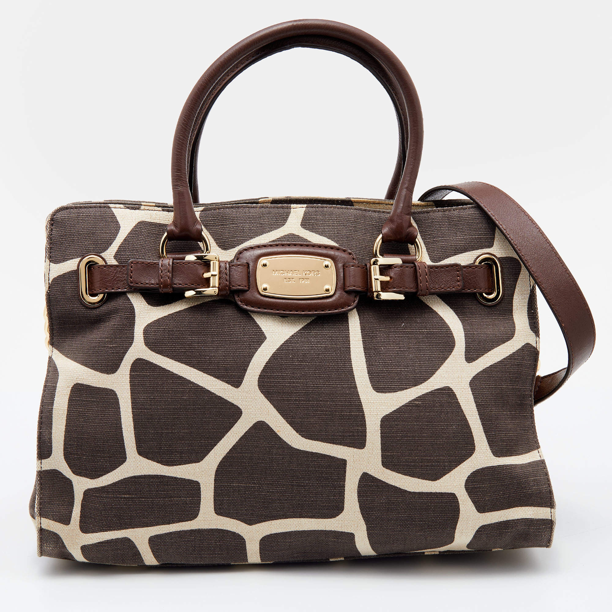 Pre Owned MICHAEL Michael Kors Brown Printed Canvas and Leather East West Hamilton Tote