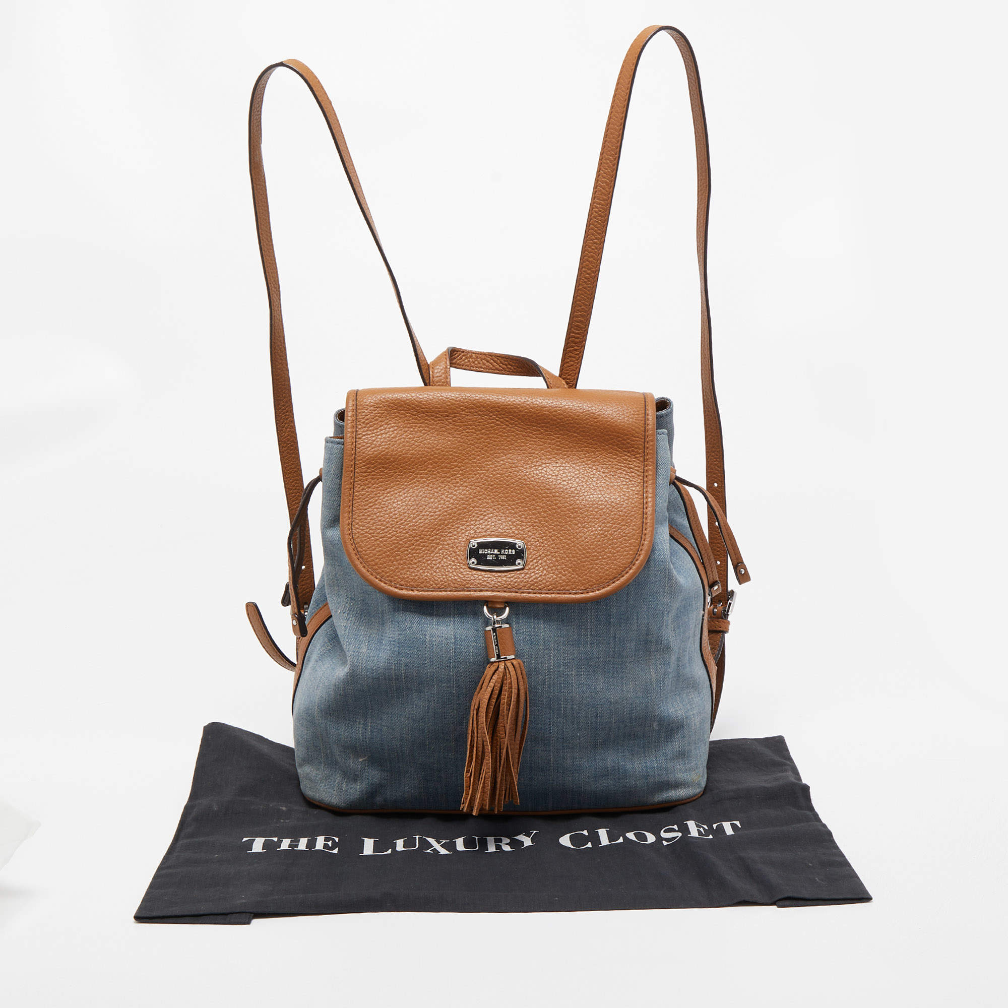 MICHAEL MICHAEL KORS Blue/Brown Denim and Leather Drawstring Backpack