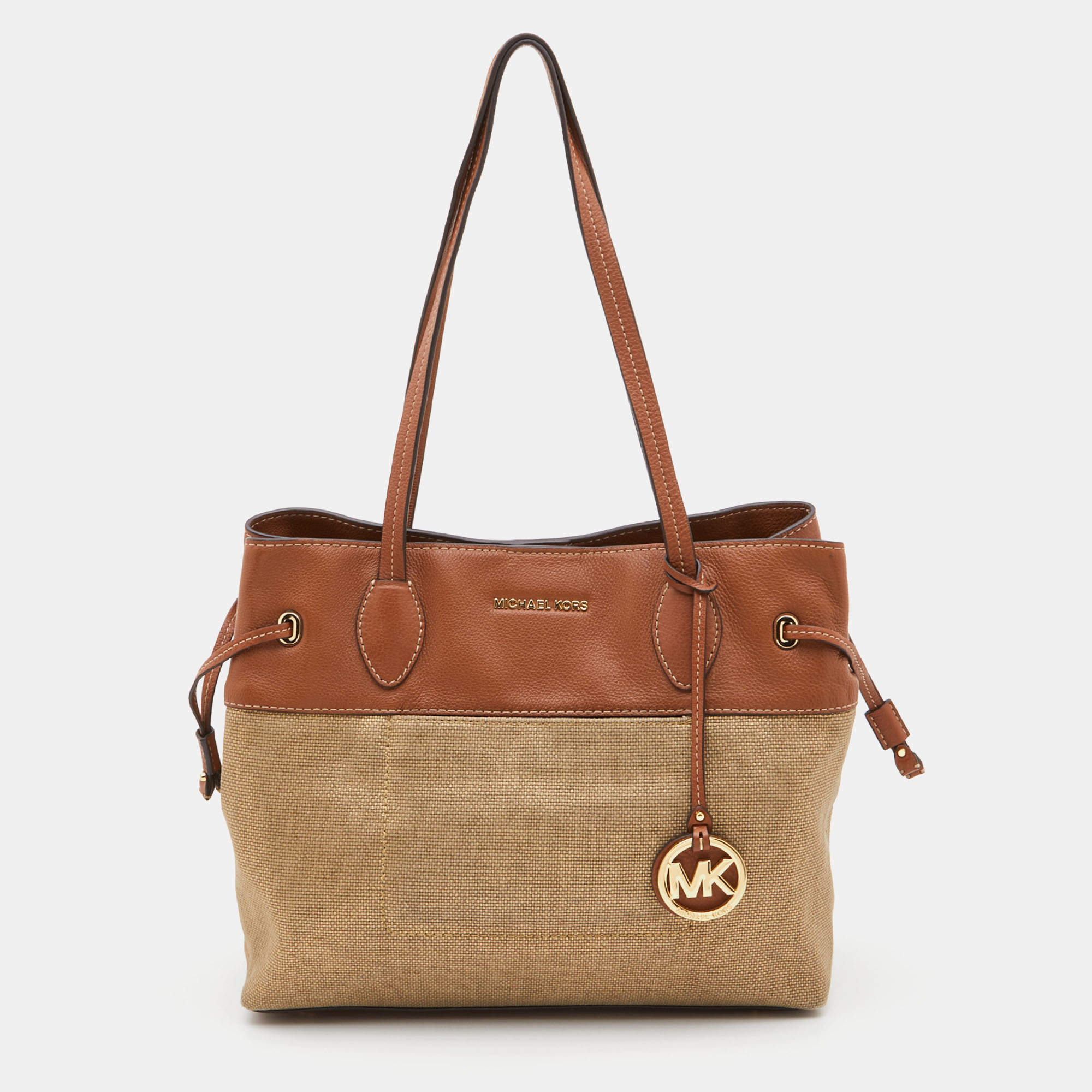 Pre Owned MICHAEL Michael Kors Tan Canvas and Leather Tote