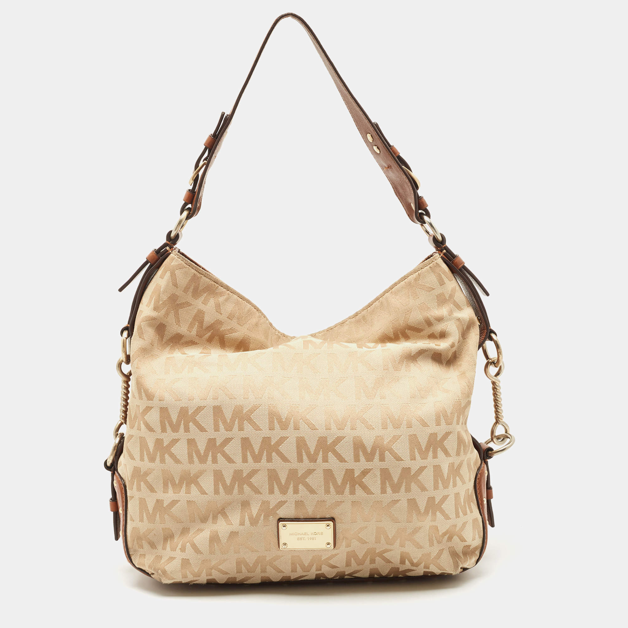 Pre Owned Michael Michael Kors Beige/Brown Signature Canvas and Leather Studded Hobo