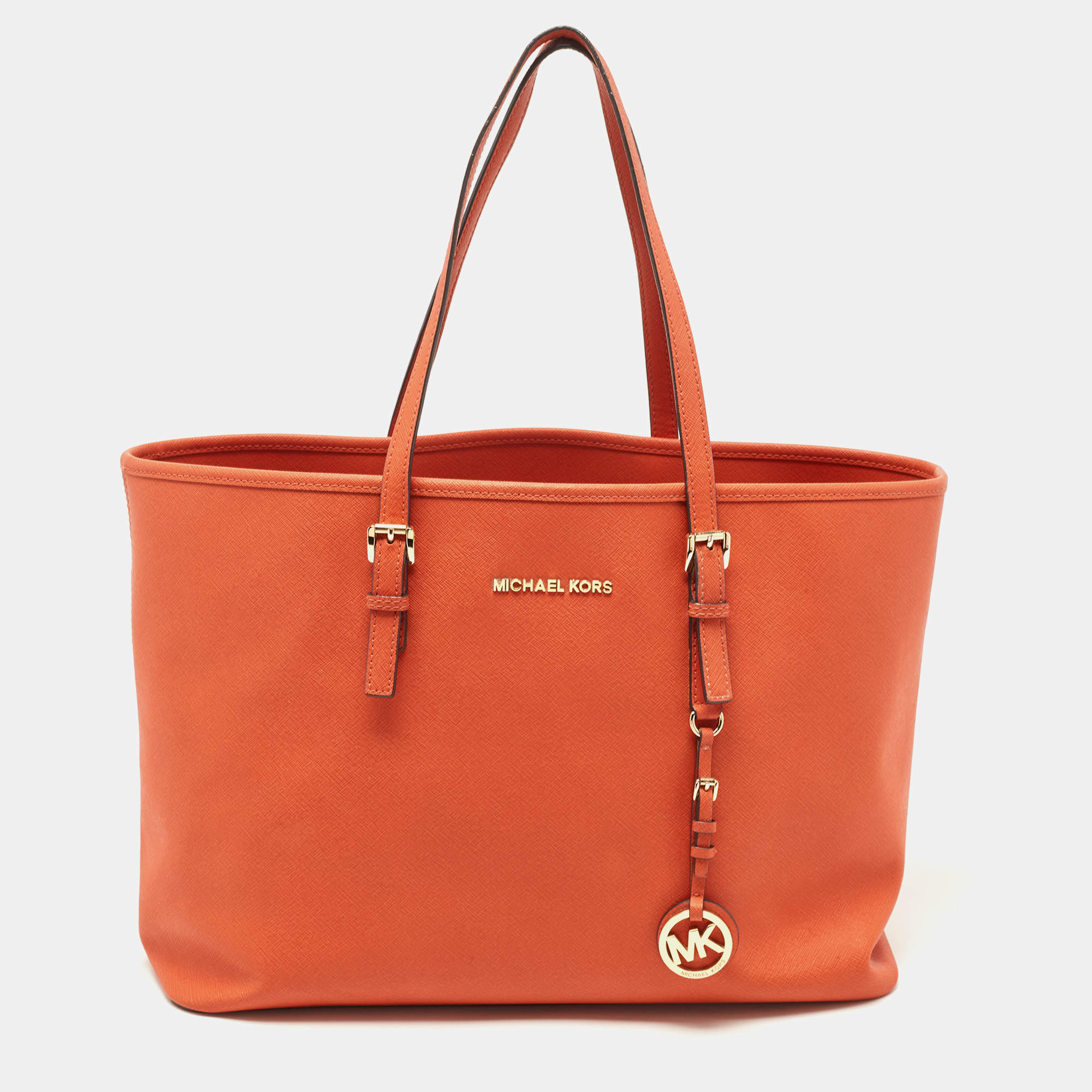 Pre Owned MICHAEL Michael Kors Orange Saffiao Leather Large Jet Set Travel Tote