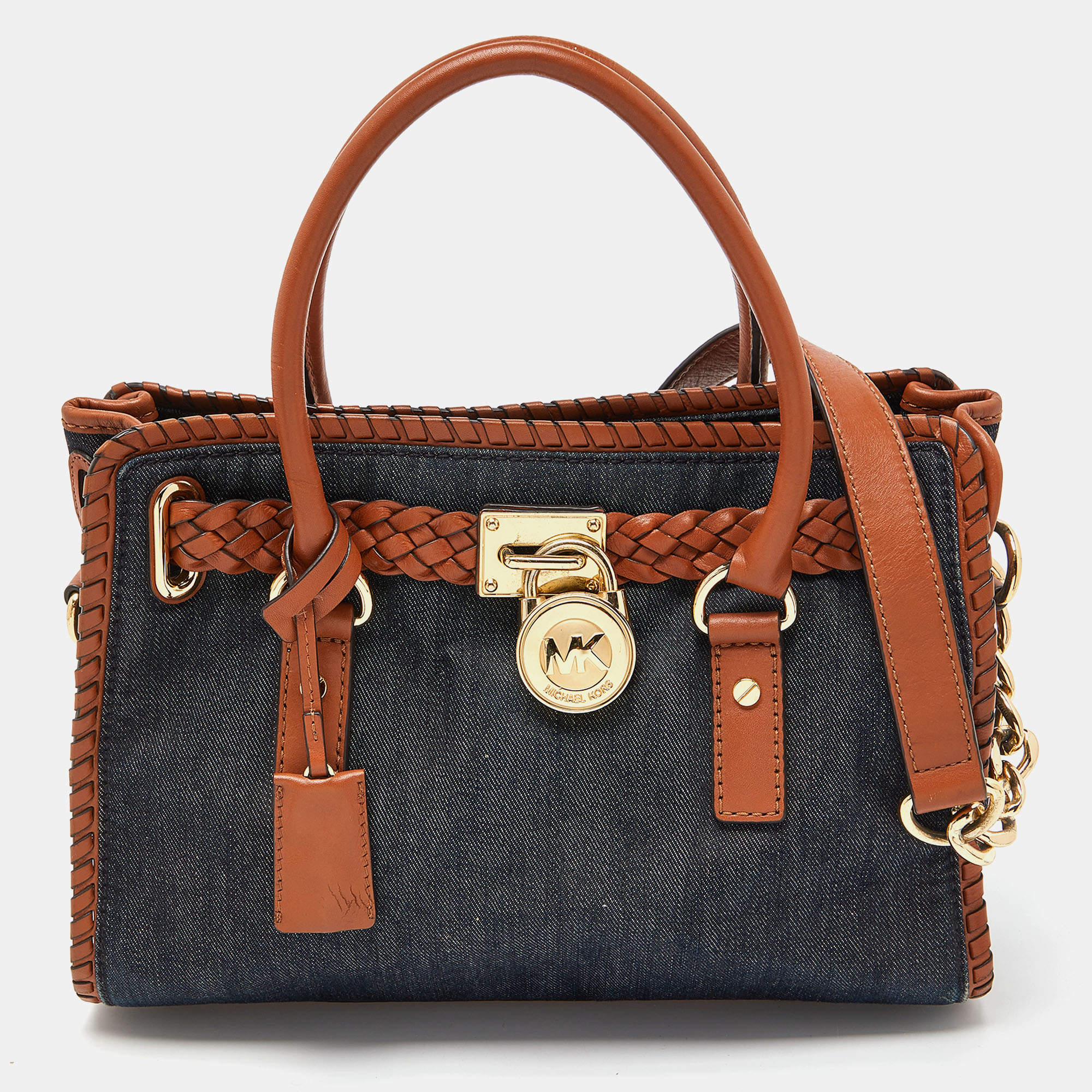 Pre Owned MICHAEL Michael Kors Blue/Tan Whipped Stitched Denim and Leather Hamilton Tote