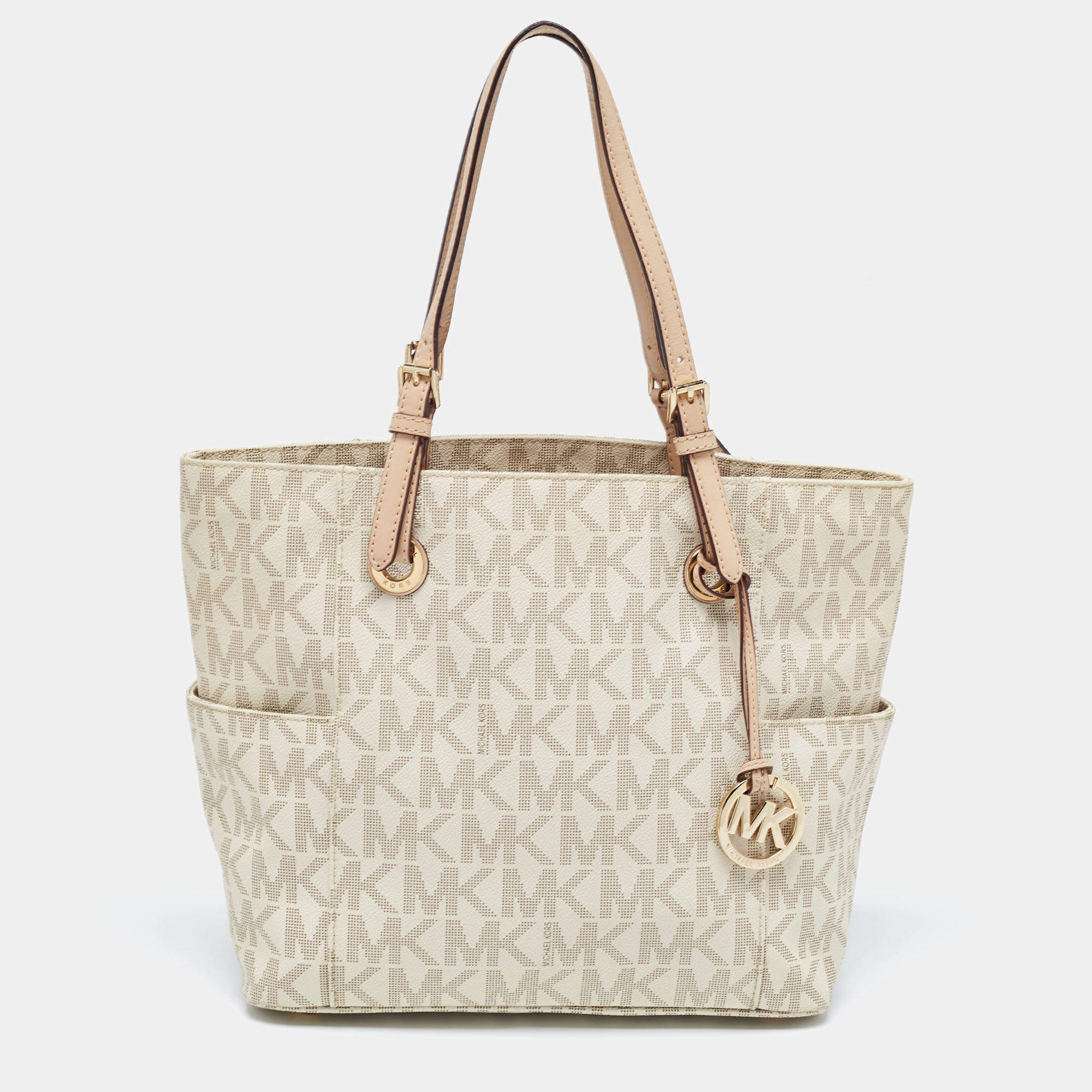 Pre Owned MICHAEL Michael Kors Off White/Beige Signature Coated Canvas and Leather Jet Set East West Tote
