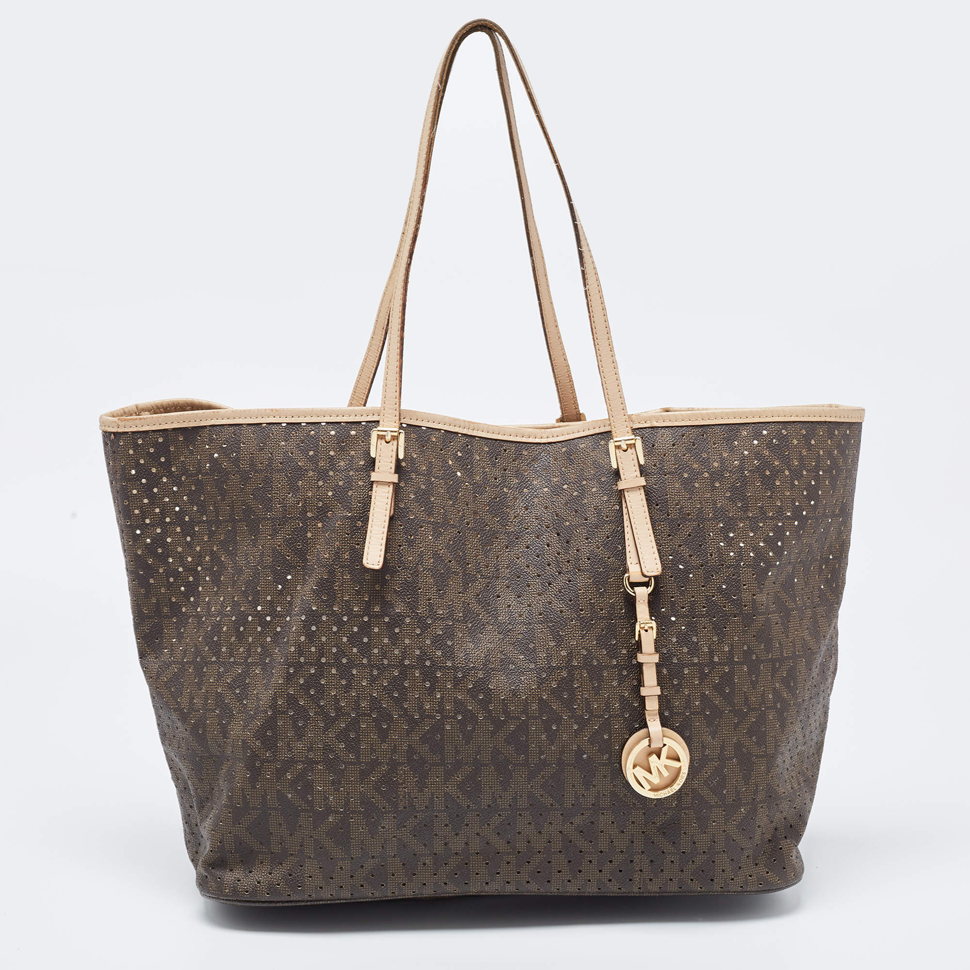 Pre Owned MICHAEL Michael Kors Dark Brown Signature Perforated Coated Canvas Large Jet Set Travel Tote
