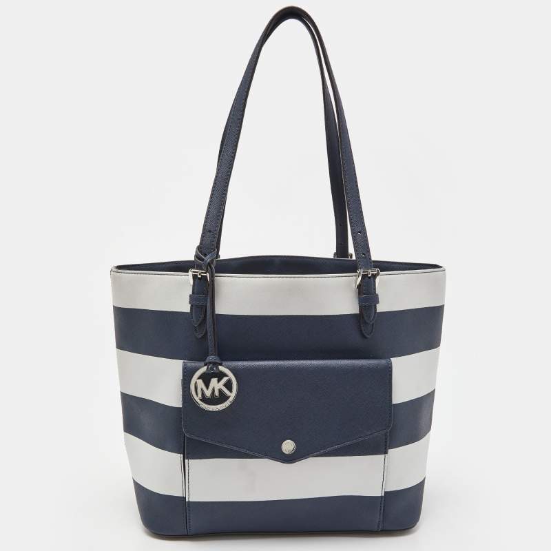 MICHAEL Michael Kors Blue/White Stripe Leather Jet Set Snap Pocket Tote