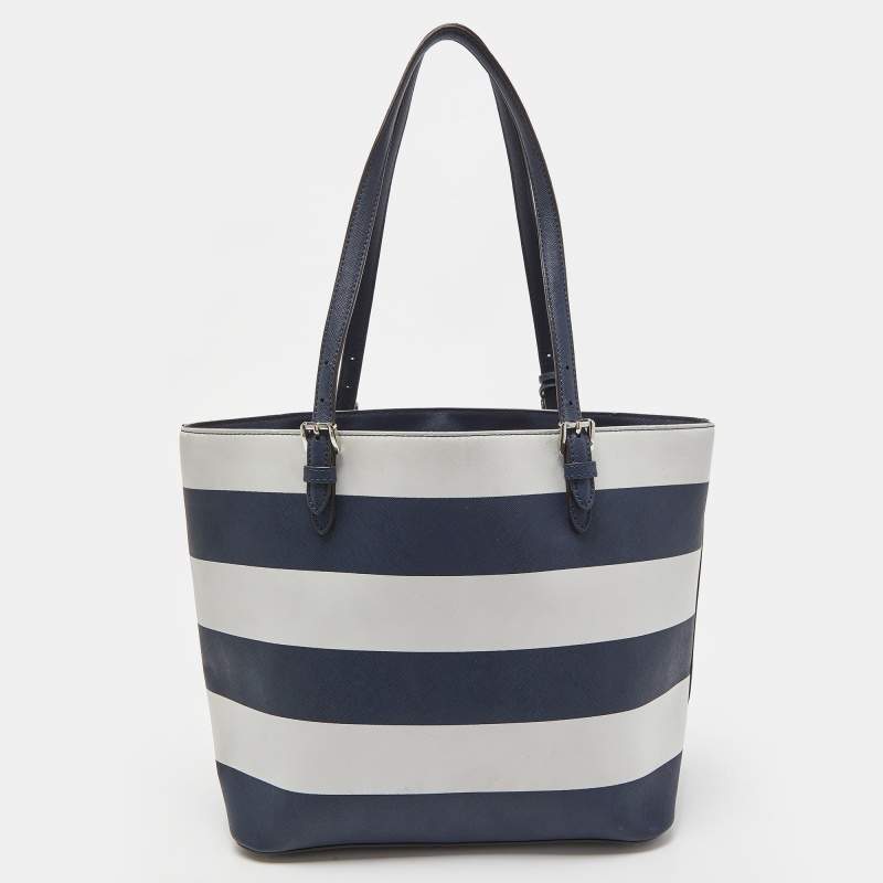 Michael kors blue and white striped jet hotsell set tote