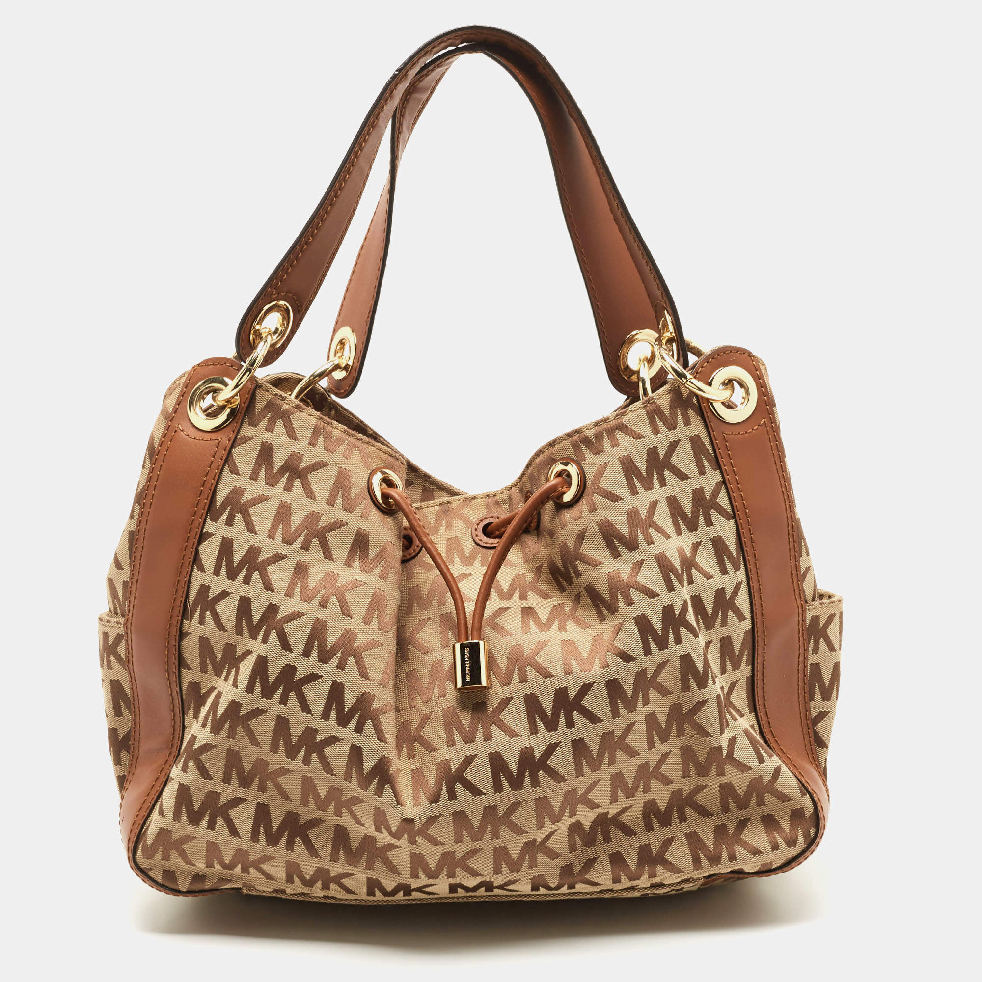 MICHAEL Michael Kors Beige/Brown Signature Canvas and Leather Sided Pocket Bag