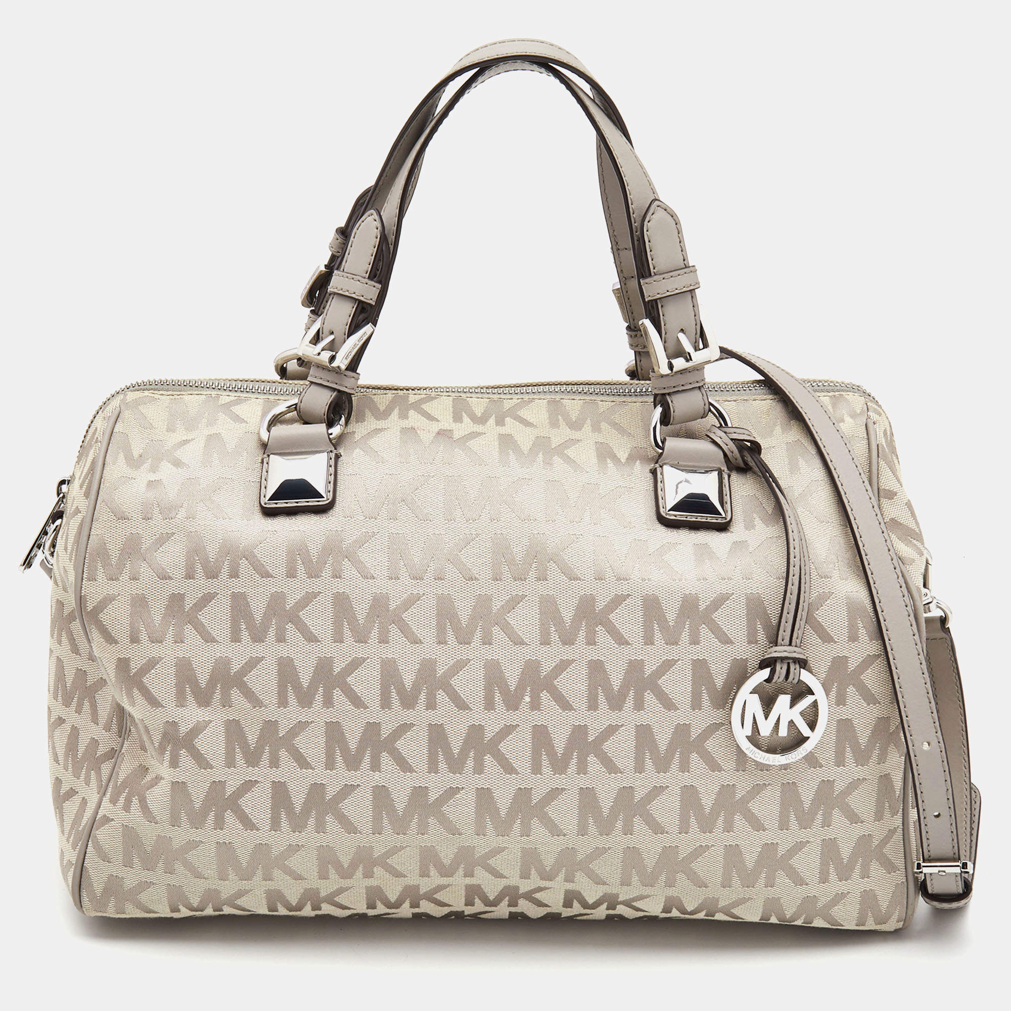 Pre Owned MICHAEL Michael Kors Grey Signature Coated Canvas and Leather Grayson Boston Bag
