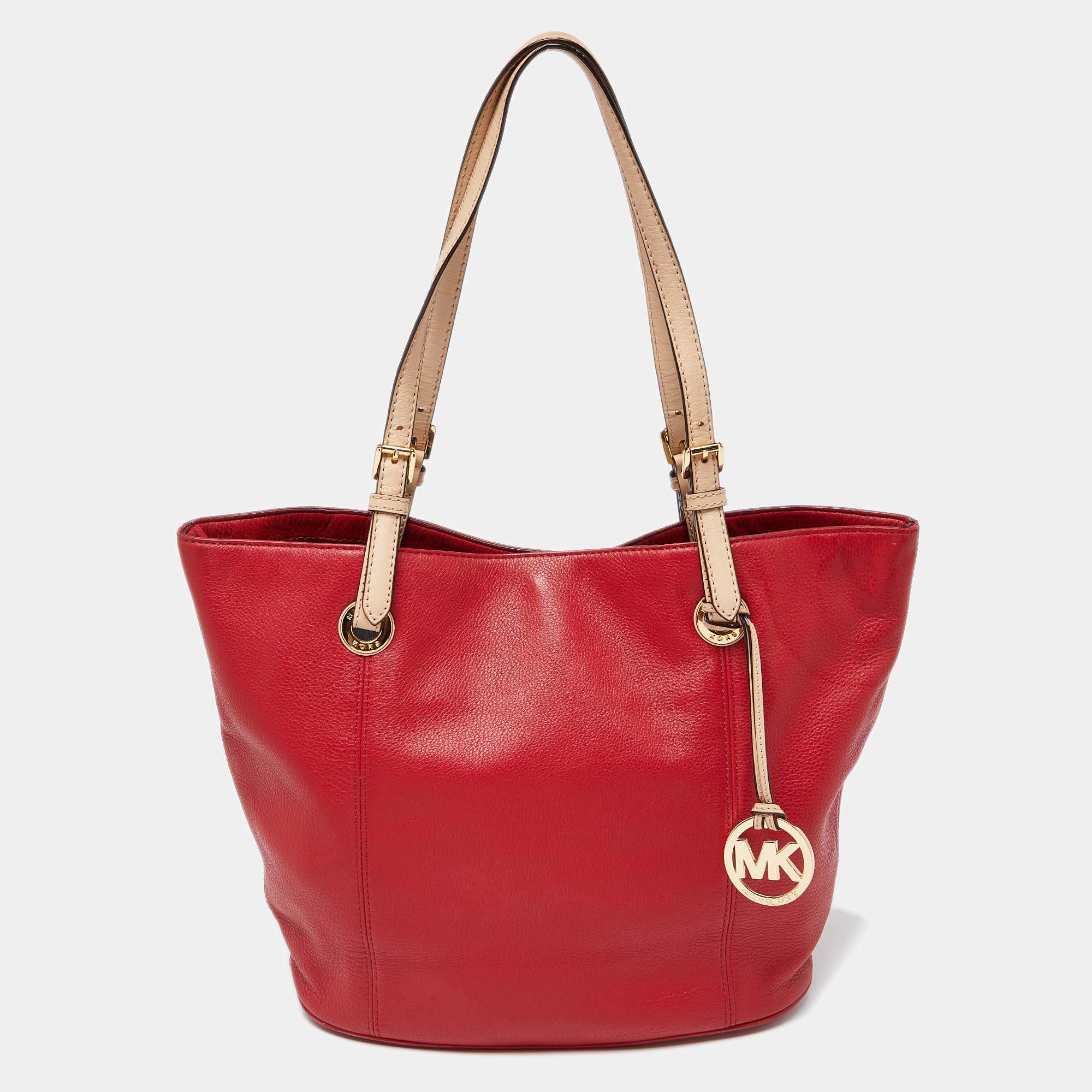 Pre Owned MICHAEL Michael Kors Red Leather Jet Set Tote