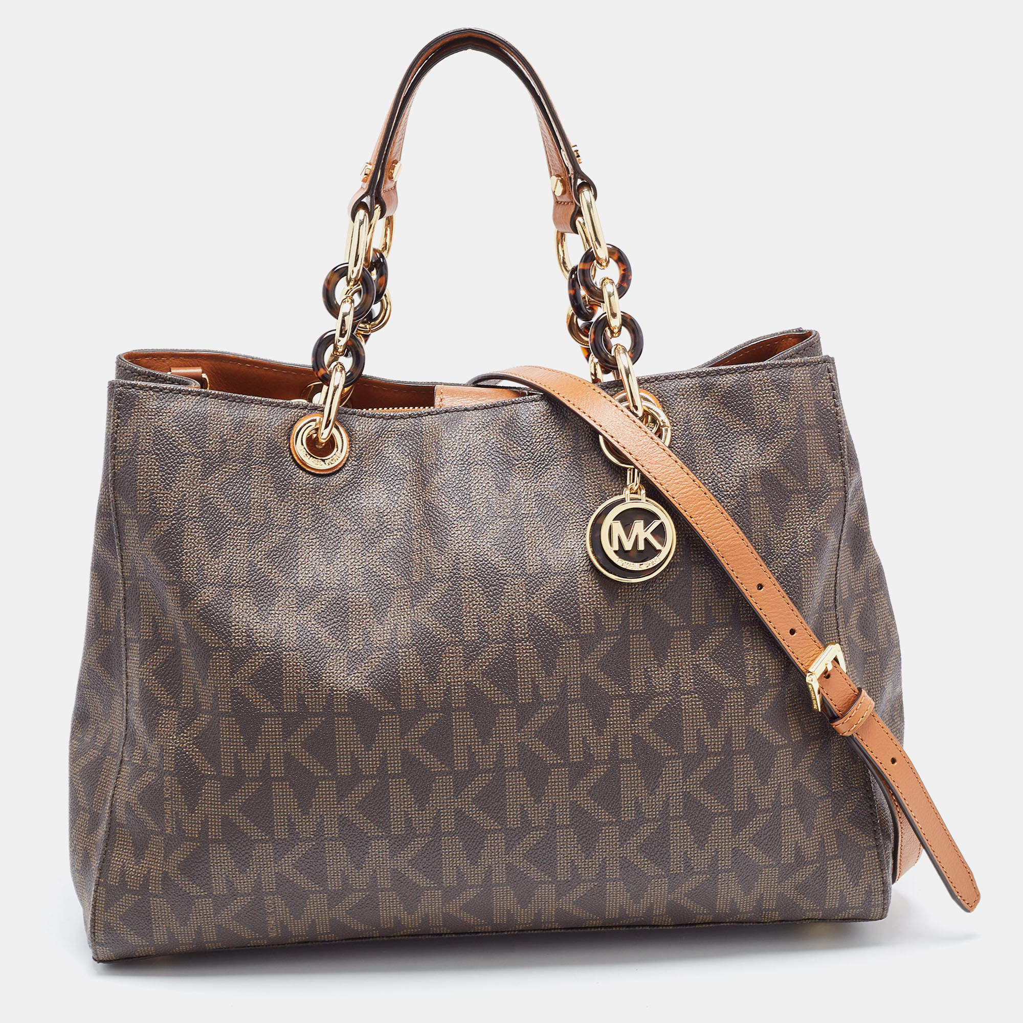 Pre Owned MICHAEL Michael Kors Brown Signature Coated Canvas and Leather Medium Cynthia Tote
