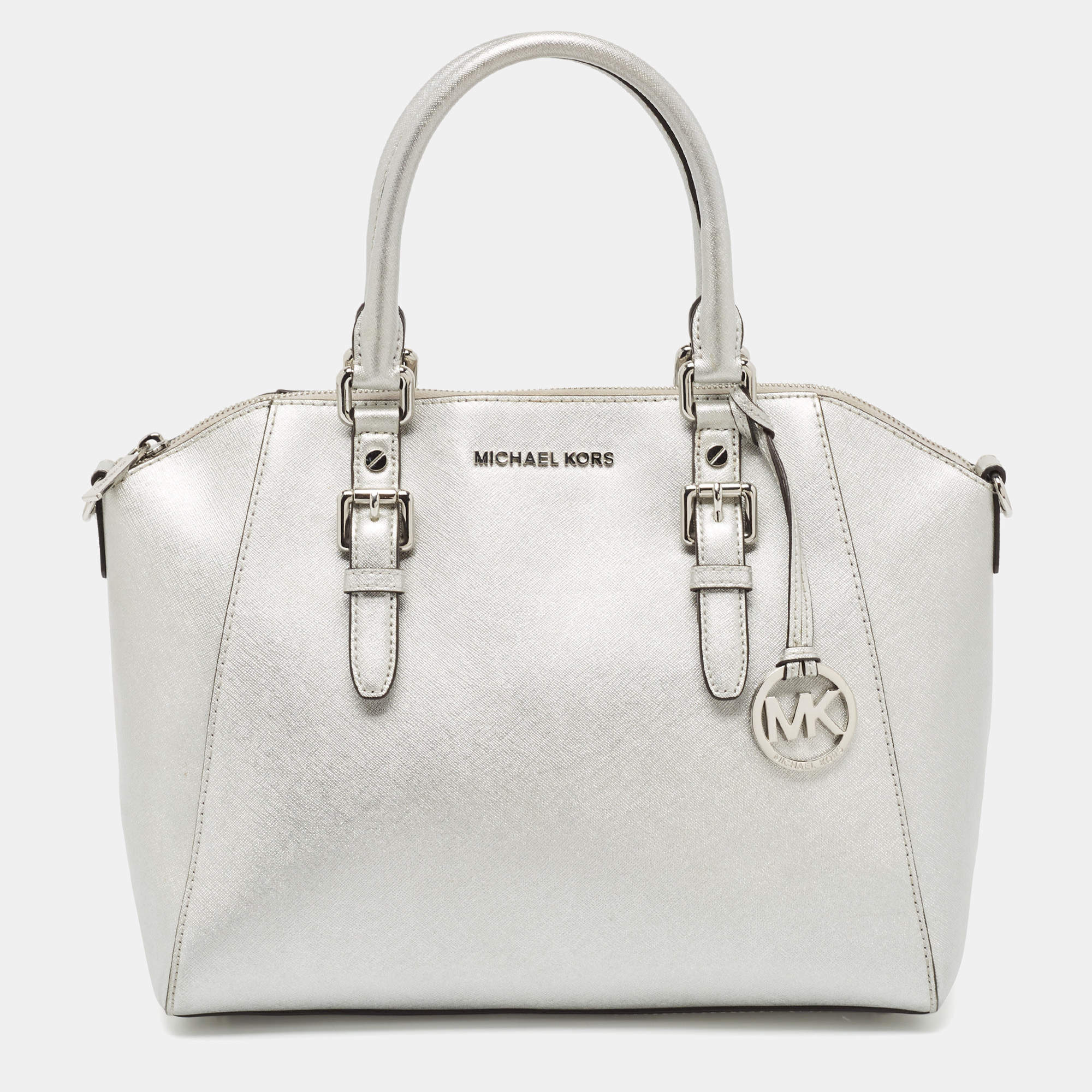 Pre Owned MICHAEL Michael Kors Silver Leather Large Ciara Satchel
