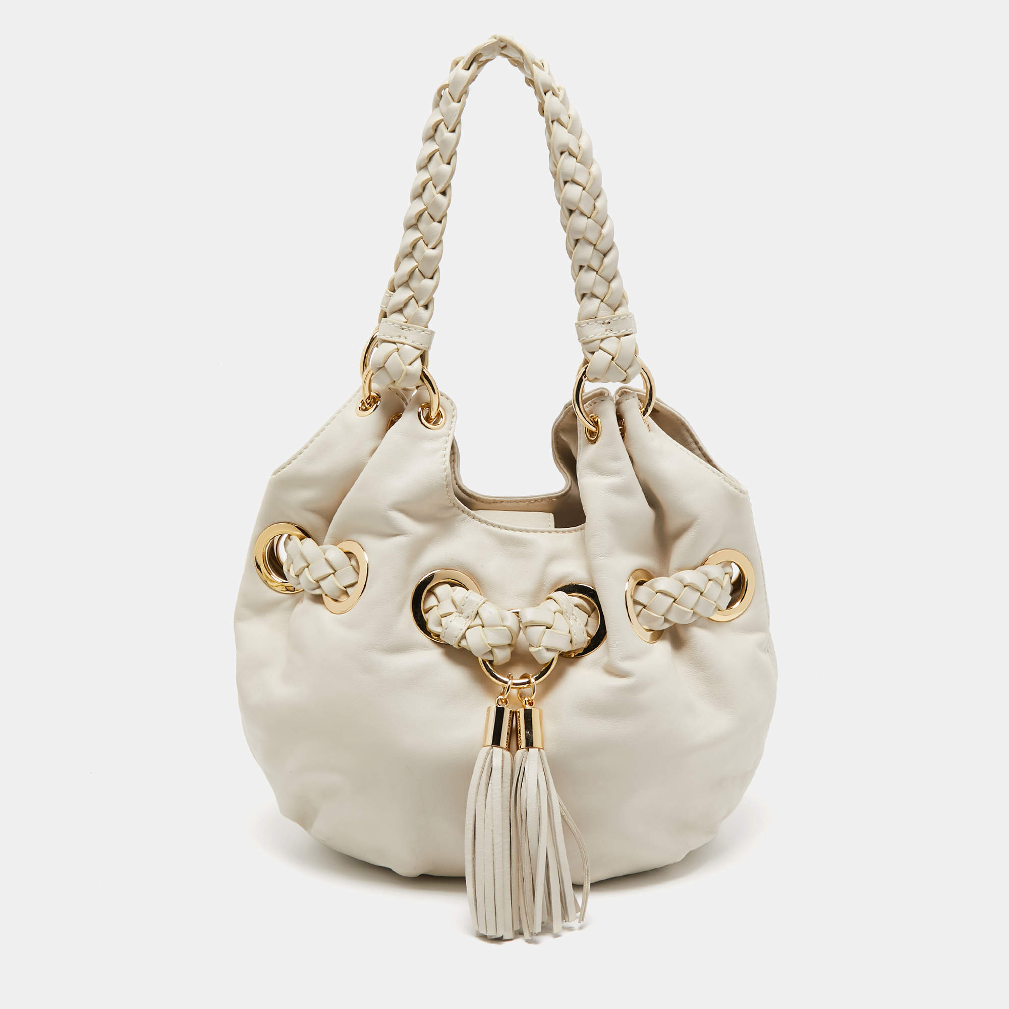 Pre Owned MICHAEL Michael Kors White Leather Woven Drawstring Hobo